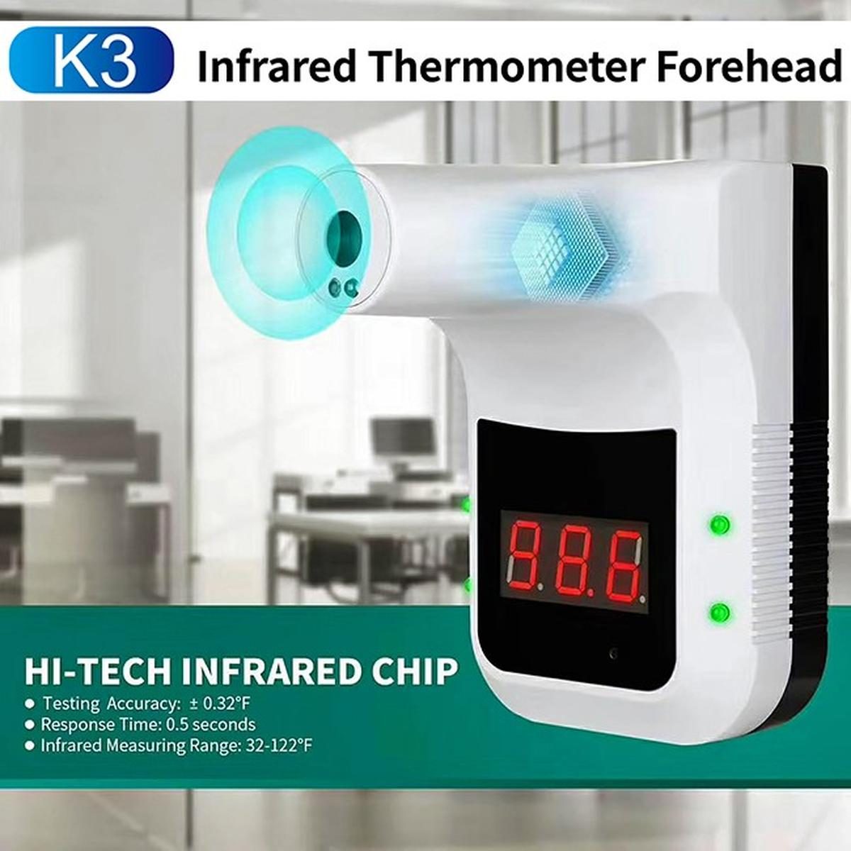 Un termometro a infrarossi. Ha un display digitale che mostra '8.8.8'. Il testo dice 'HI-TECH INFRARED CHIP' e altre specifiche.