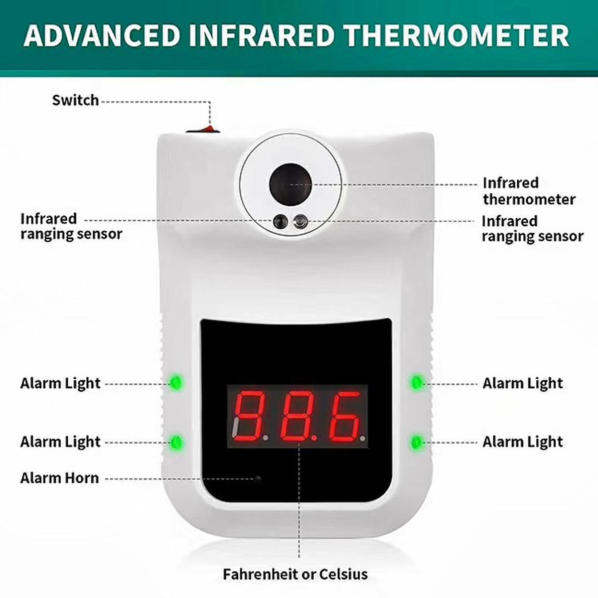 Un termometro a infrarossi avanzato con display digitale che mostra 886. Dettagli includono interruttore, luci di allarme e opzioni Fahrenheit/Celsius.