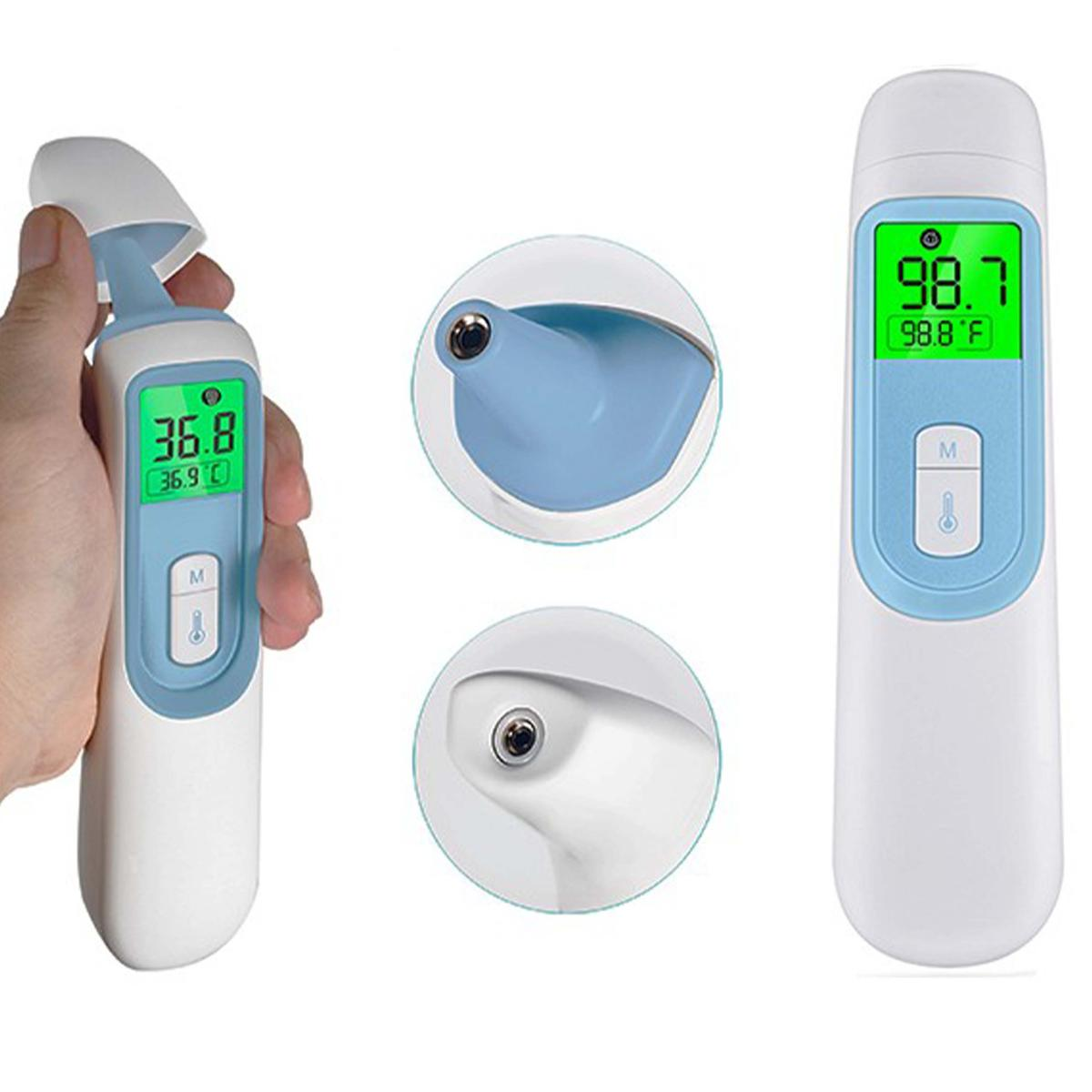 Tre termometri a infrarossi. Uno tenuto in mano mostra 36,8°C. Altri due con letture 98,7°F. Colori blu e bianco.