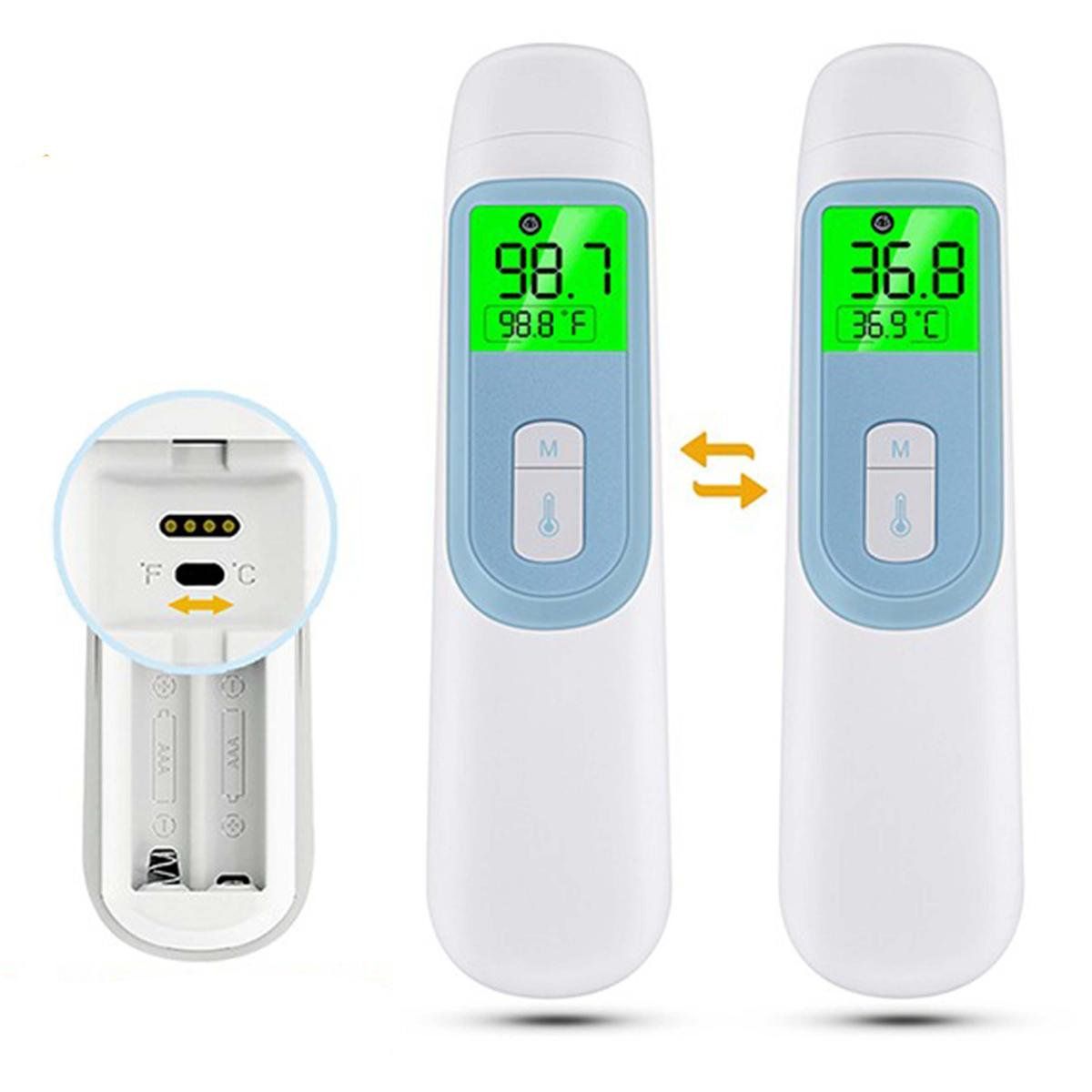 Tre termometri: uno con vano batteria aperto e due con letture di temperatura sui loro schermi. Visualizza 98,7 °F e 36,8 °C.