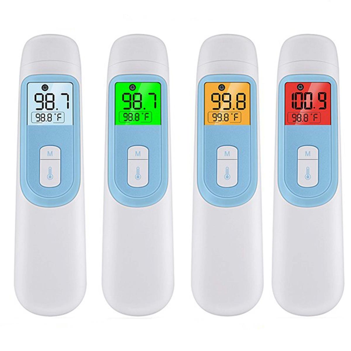 Quattro termometri digitali che mostrano temperature diverse: 98,7, 98,7, 99,8 e 100,9 gradi Fahrenheit, con colori di visualizzazione variabili.