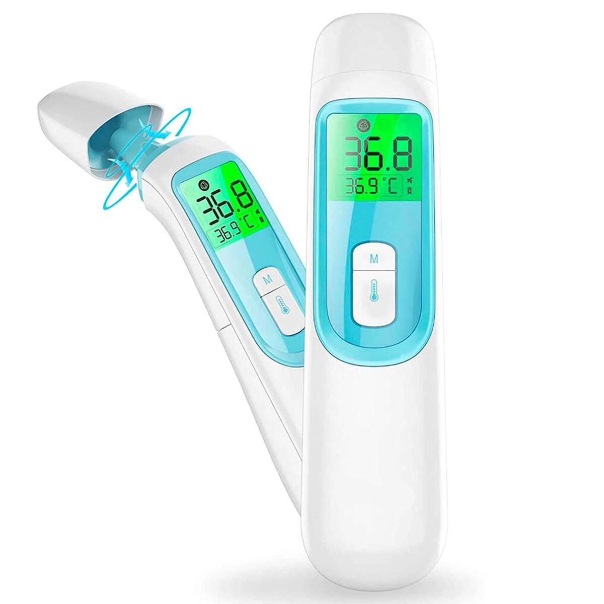 Due termometri digitali che mostrano 36,8°C. Uno è angolato con un cappuccio aperto, l'altro è verticale. Entrambi sono bianchi e blu.
