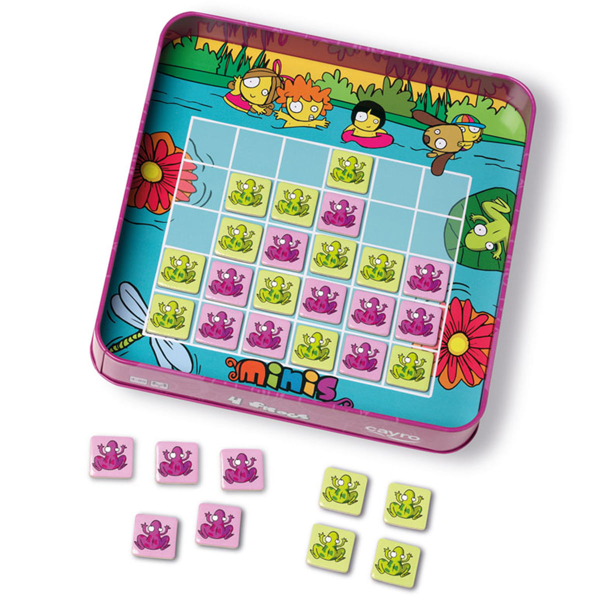 Un juego de mesa con temática de ranas en una lata rosa. El tablero muestra ranas. Hay fichas sueltas con ranas y personajes de dibujos animados nadando.