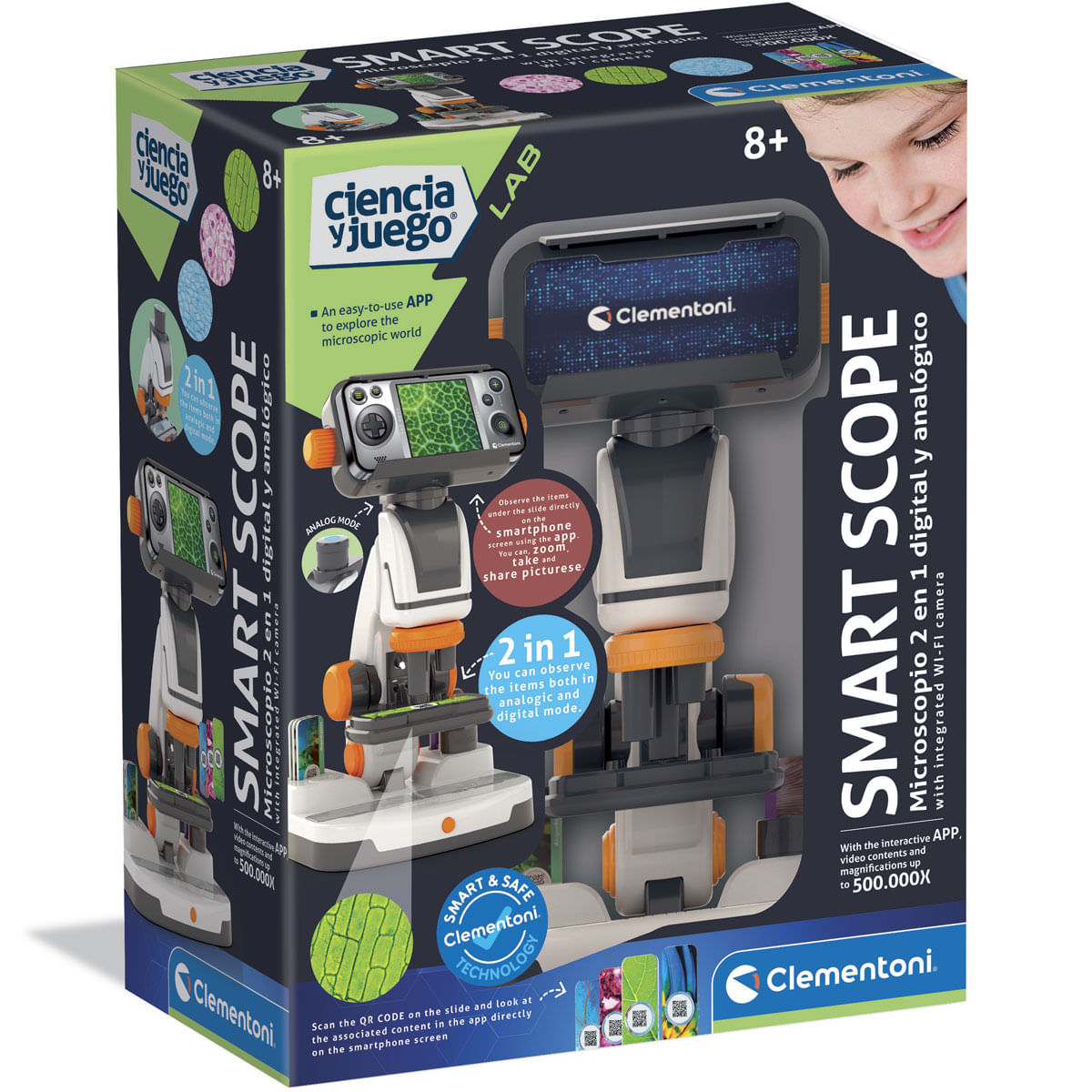 Caja de un microscopio Clementoni Smart Scope. Tiene modos digitales y analógicos 2 en 1. Incluye una app y Wi-Fi.