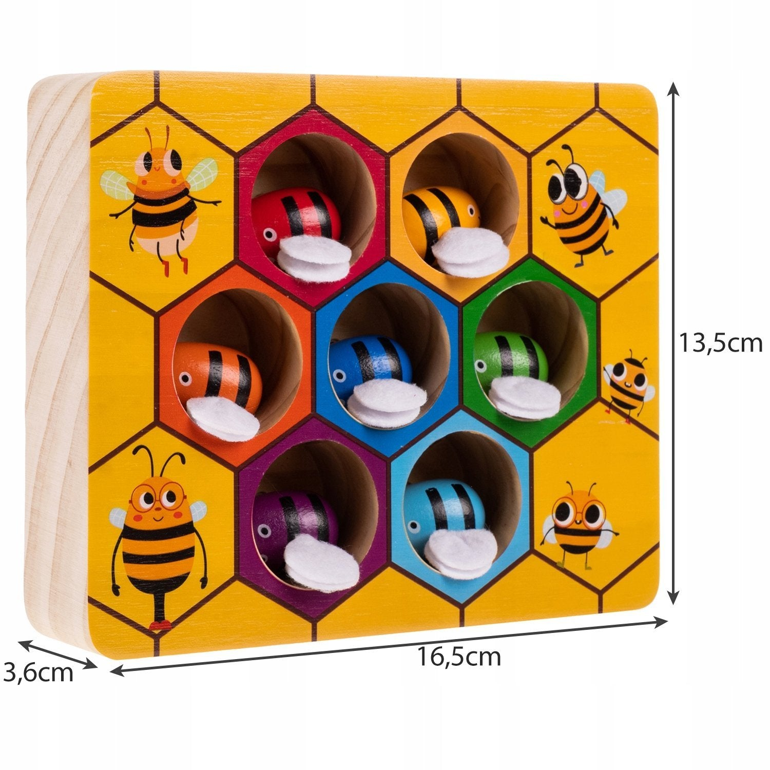 Un juguete de abejas de madera con abejas de colores en agujeros de panal. Se indican las dimensiones. Las abejas son rojas, naranjas, amarillas, verdes, moradas y azules.