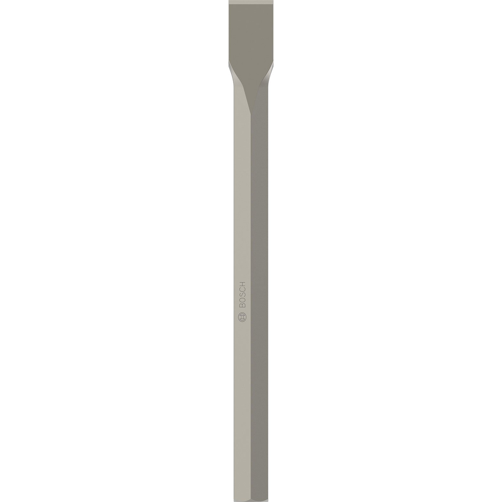 Düz bir bıçağı ve altıgen bir sapı olan gri bir keski. Bosch logosu görünür.