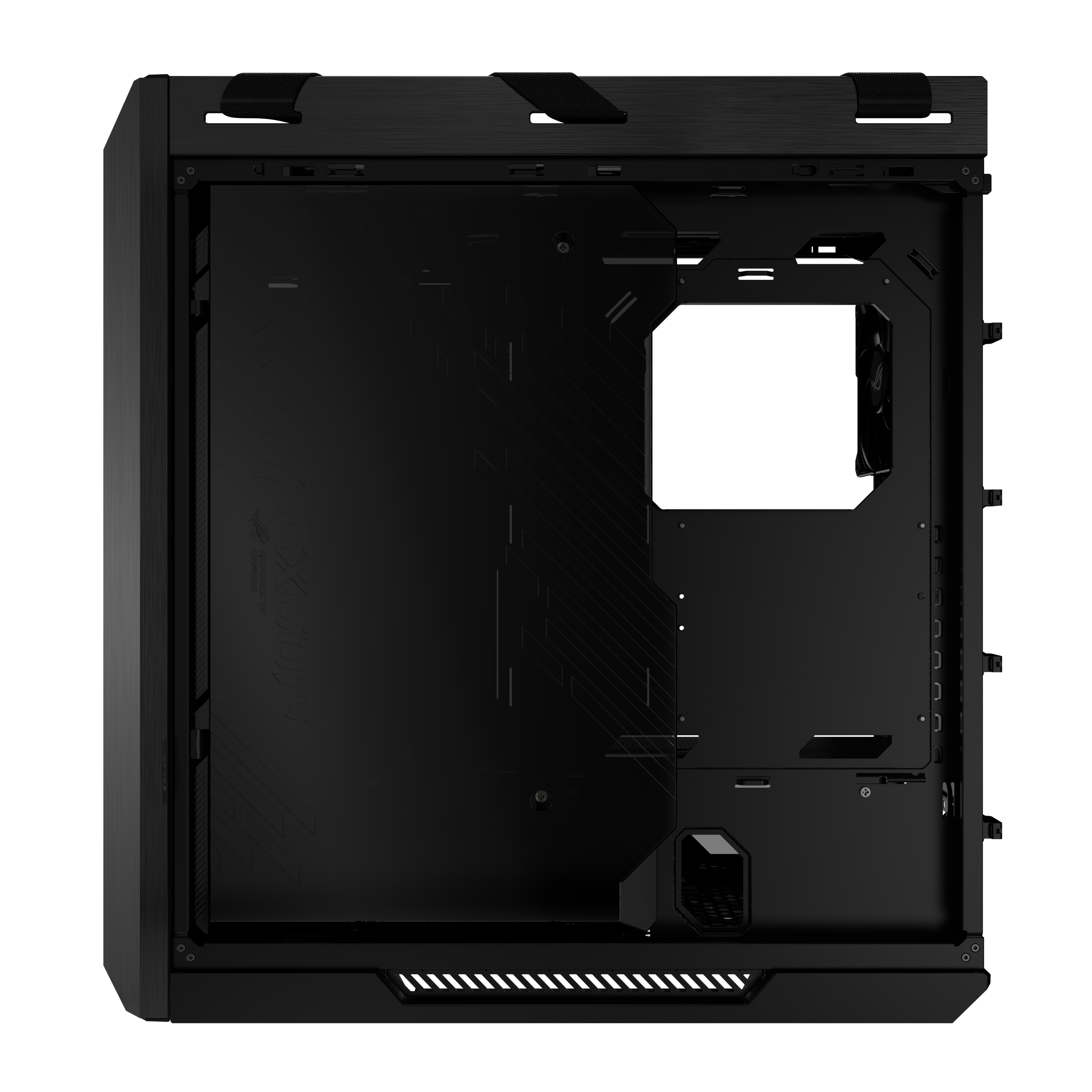 Interno di un case per computer nero. Presenta un ampio spazio aperto, pannelli strutturati e un supporto per ventola.
