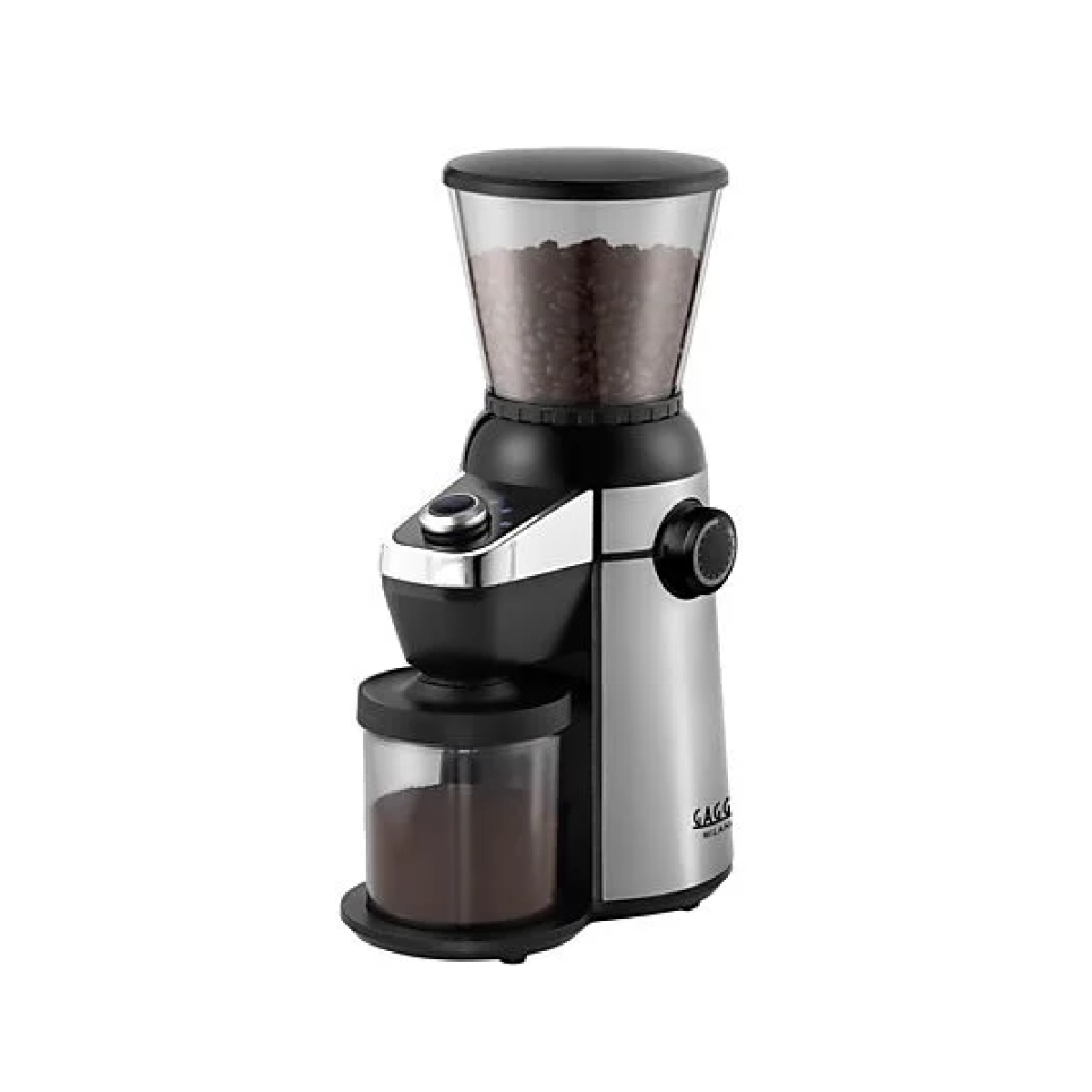 Eine Kaffeemühle mit transparentem Bohnenbehälter, schwarzem und silbernem Gehäuse und einem Behälter für Kaffeepulver. Der Markenname ist sichtbar.