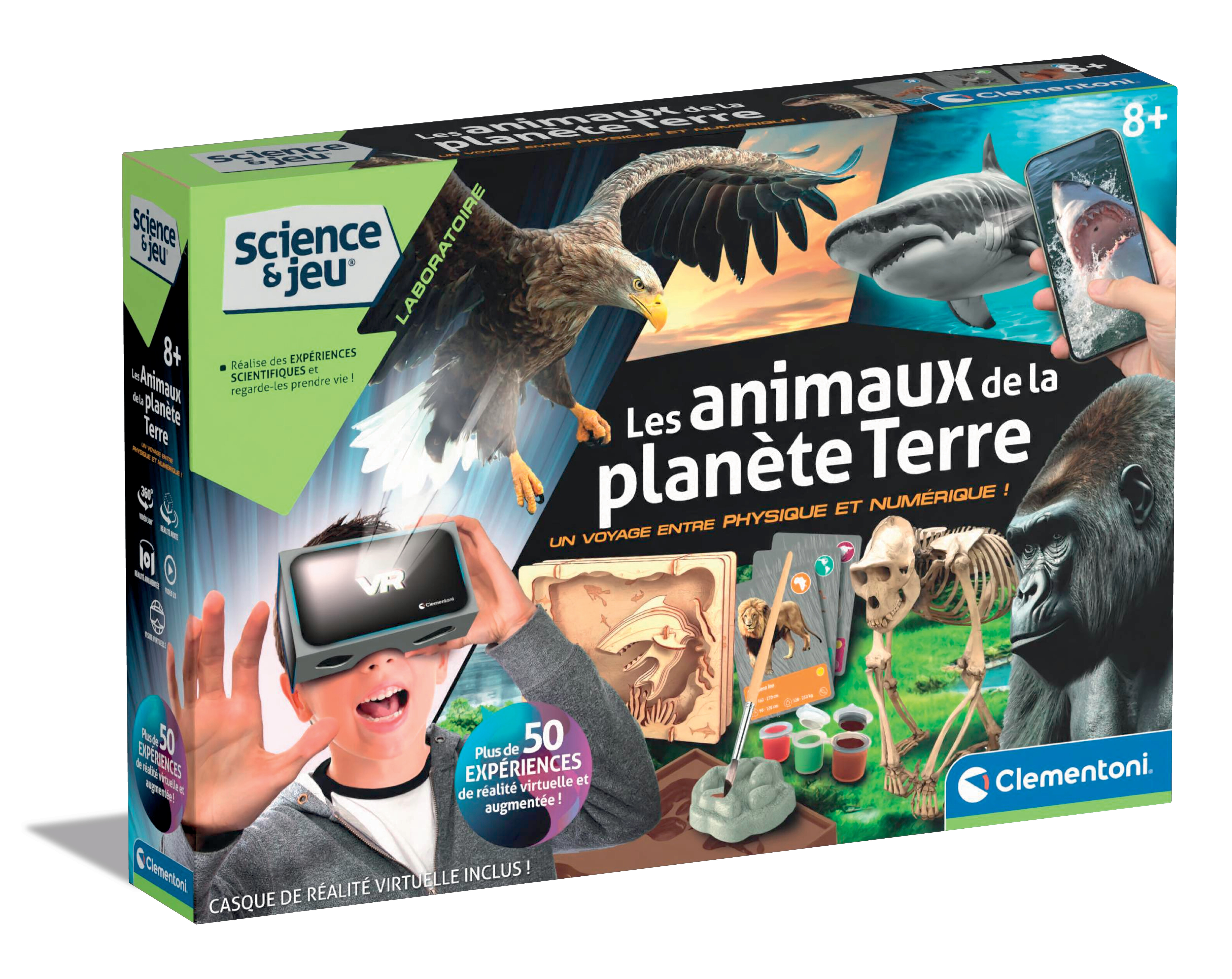 Grafika pudełka: gogle VR, zwierzęta, rekin, goryl, szkielet i dziecko w goglach VR. Tytuł brzmi 'Zwierzęta Ziemi'.