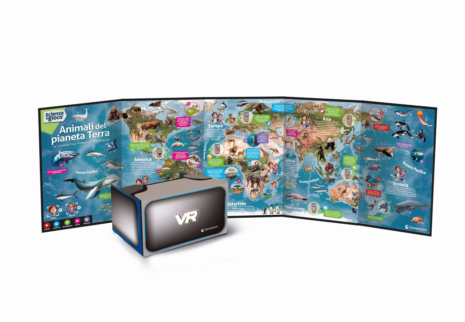 Mapa świata ze zwierzętami, zestaw VR i tekst 'Animali del pianeta Terra'. Mapa jest otwarta.