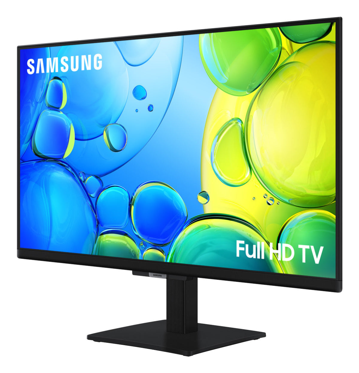 Un televisore Samsung Full HD è su una base nera. Lo schermo mostra uno sfondo di bolle d'acqua blu e gialle.