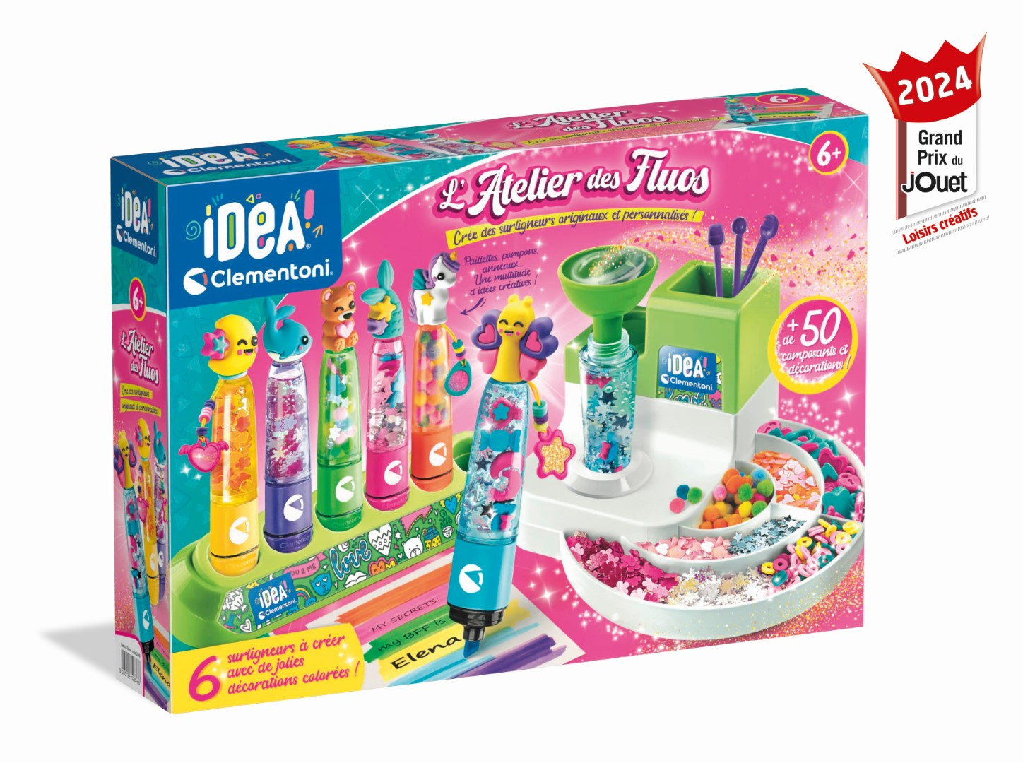 Zestaw rzemieślniczy w pudełku. Zawiera różne kolorowe markery, brokat, dekoracje i stację do tworzenia niestandardowych zakreślaczy.