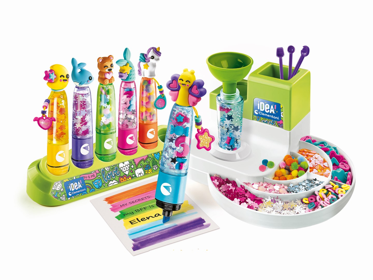 Kolorowy zestaw rzemieślniczy z pisakami, brokatem i elementami dekoracyjnymi. Zawiera rysunki, pisaki z nakładkami postaci i stację roboczą.