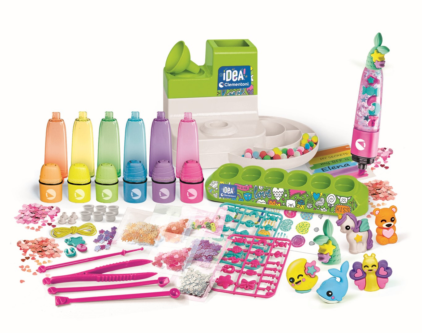 Kolorowy zestaw rzemieślniczy z butelkami, brokatem, formami i elementami dekoracyjnymi. Zawiera zieloną podstawę i figurki.