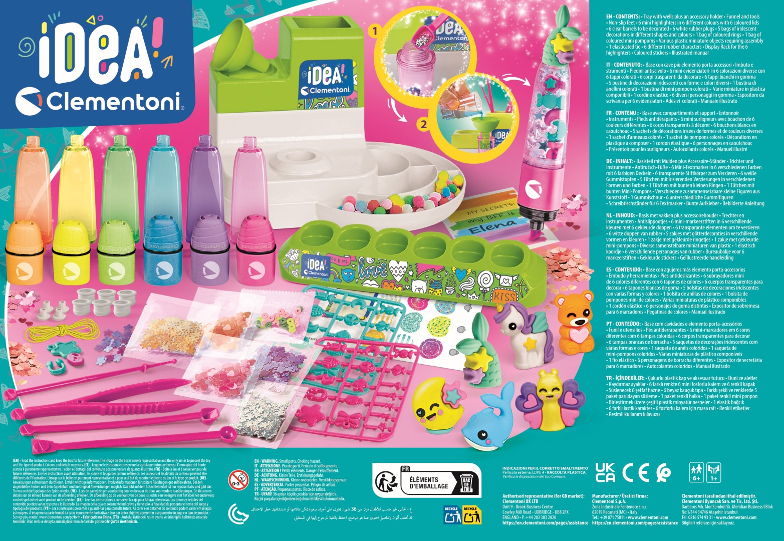 Kolorowy zestaw zabawek Clementoni z różnymi elementami i instrukcjami.