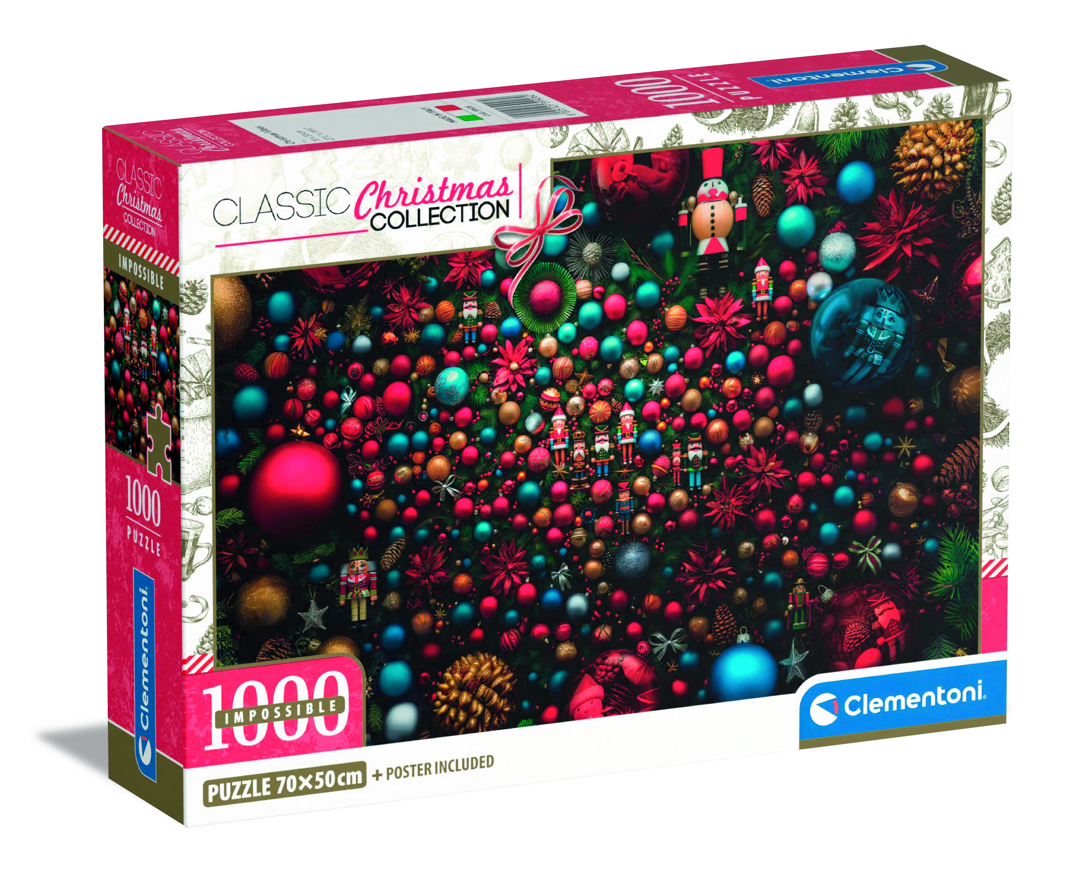 Une boîte de puzzle sur le thème de Noël, montrant des ornements, des casse-noisettes et une étiquette 'Classic Christmas Collection'.