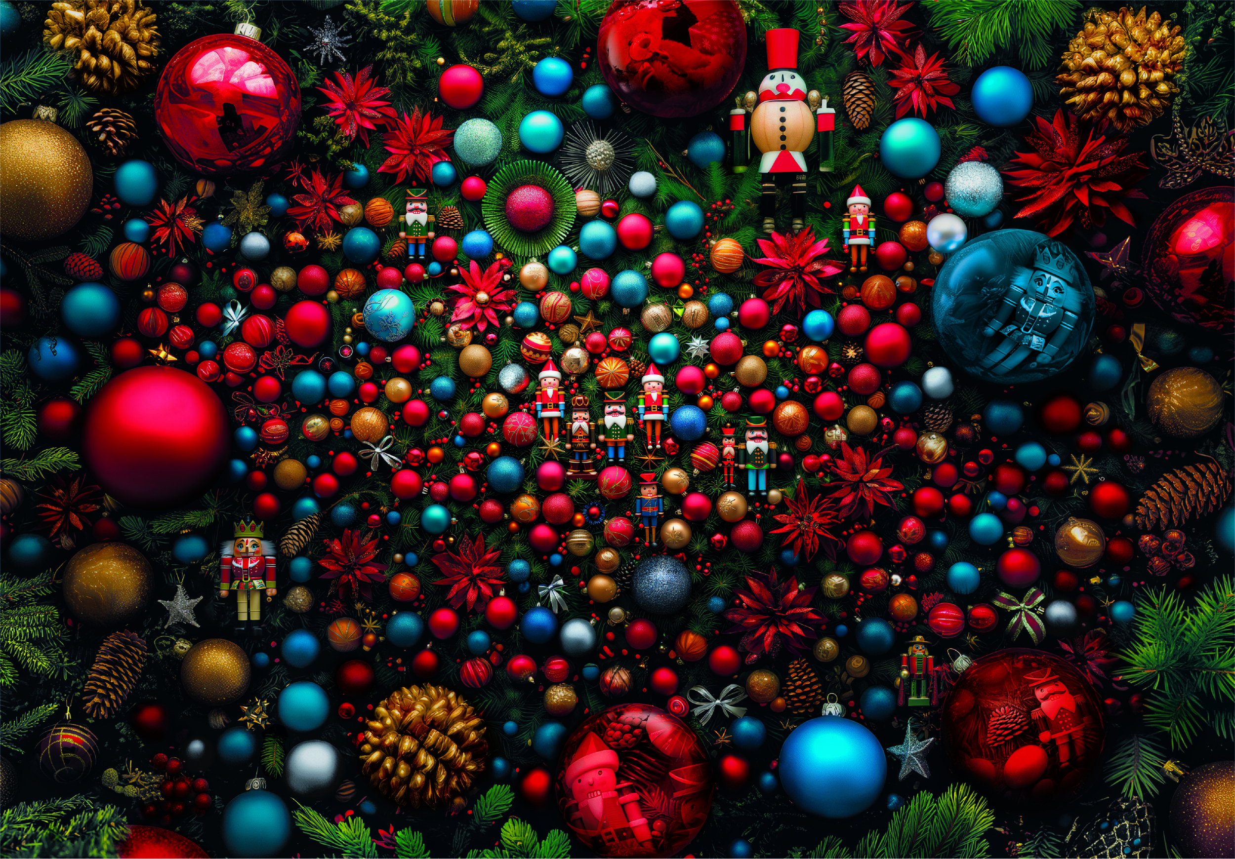 Scène de Noël festive avec des ornements, des casse-noisettes et des branches de pin de diverses couleurs, créant un affichage festif.