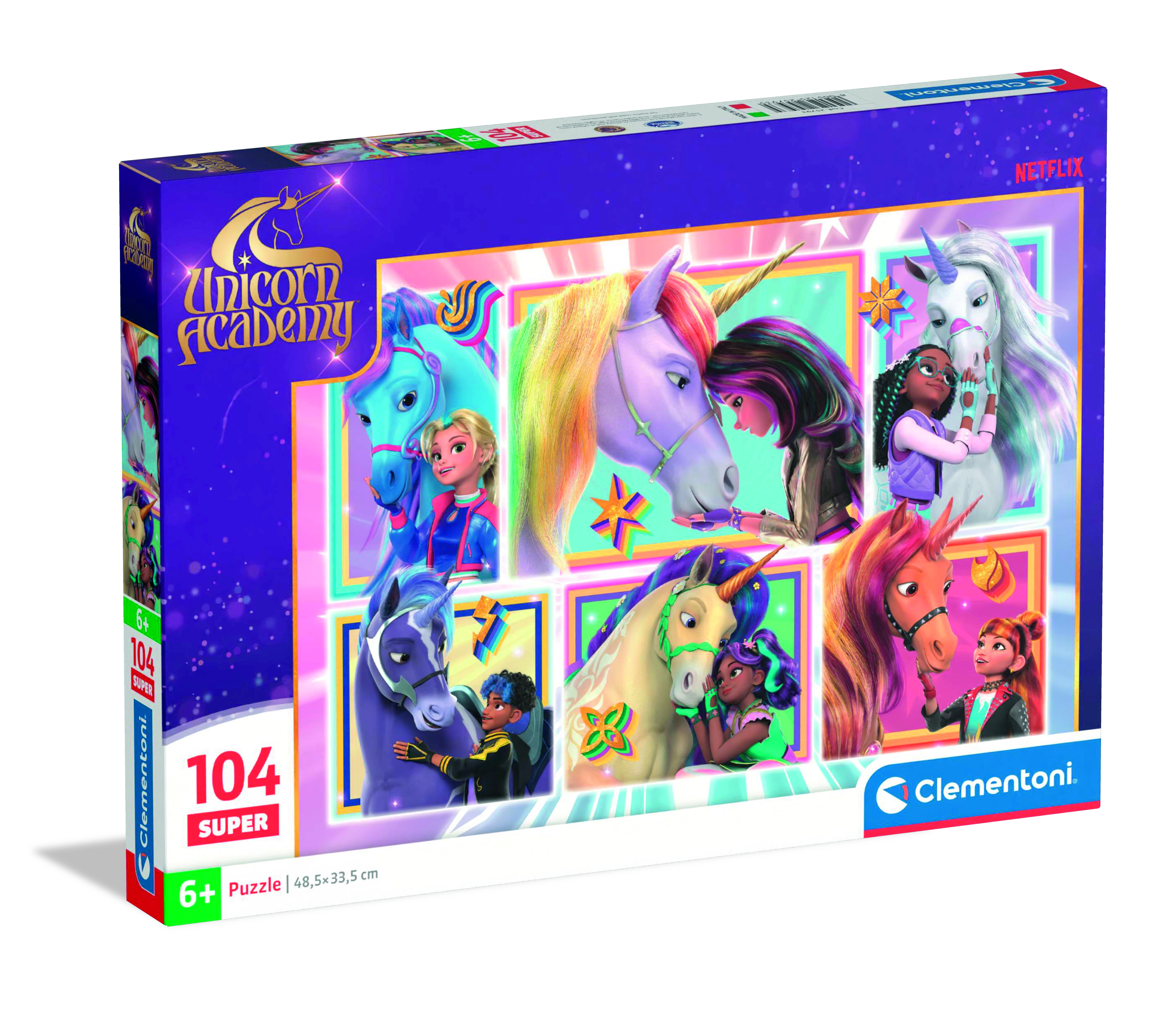Boîte de puzzle sur le thème Unicorn Academy. Elle montre des licornes et des filles, avec le logo Netflix.
