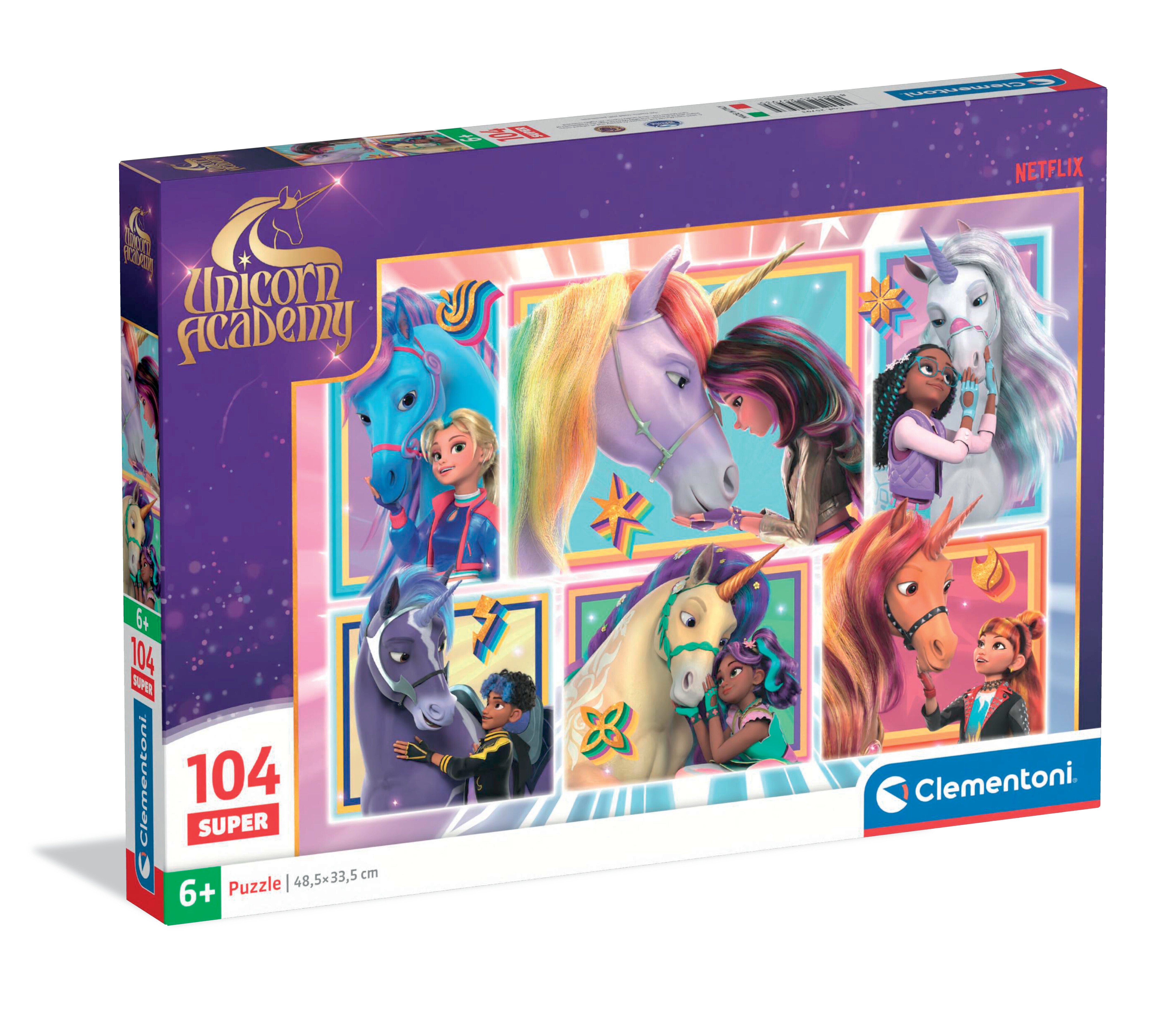 Boîte de puzzle avec le titre Unicorn Academy, avec des images de licornes et de filles sur fond violet.