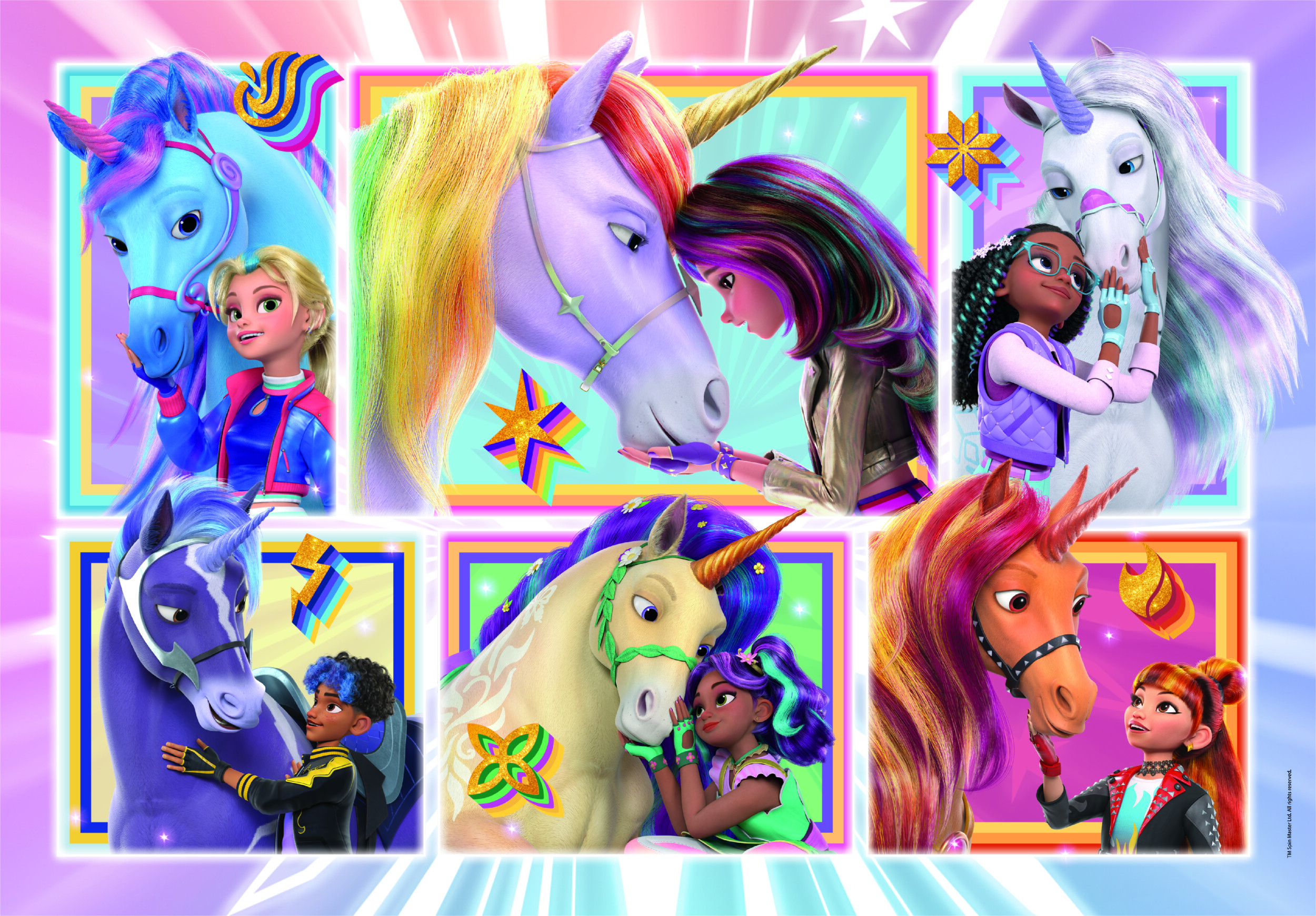 Image colorée de personnages avec des licornes. Chacun est encadré. Comprend des filles et des garçons, touchant des licornes avec des crinières vibrantes.