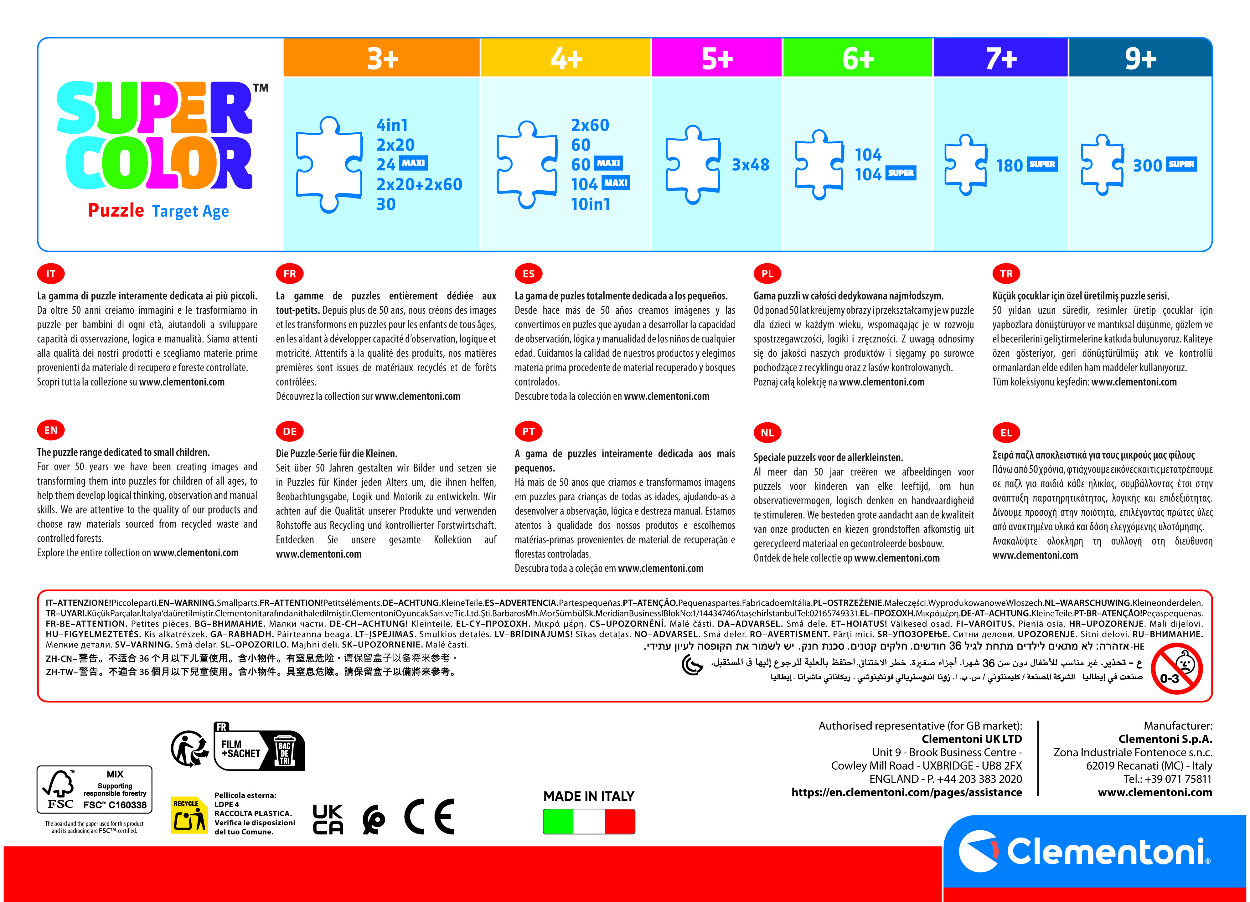 Pudełko z puzzlami z logo, zakresami wieku i ikonami puzzli.