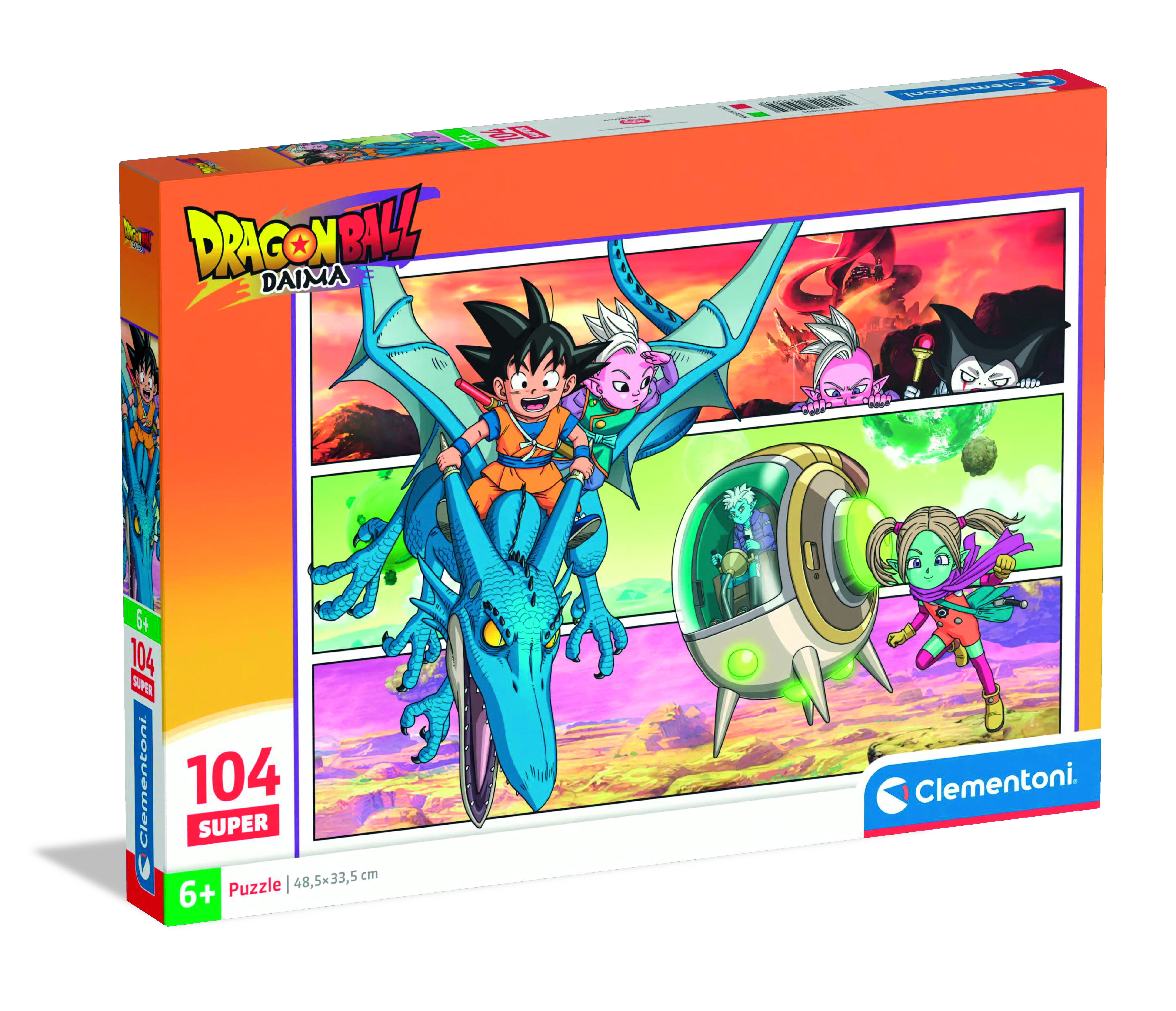 Boîte de puzzle avec des personnages de Dragon Ball. Goku monte un dragon bleu. D'autres personnages et un vaisseau spatial sont présents.