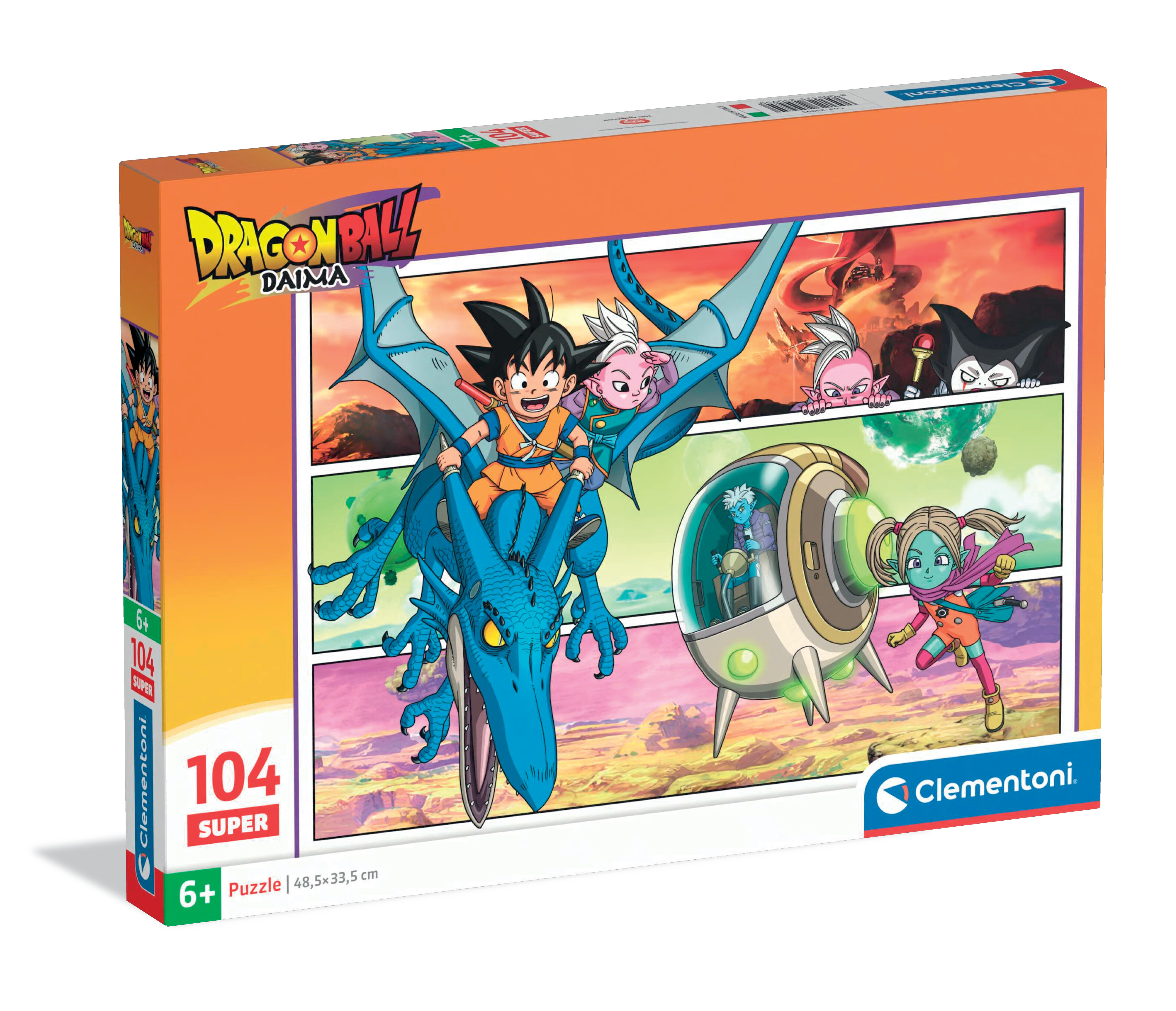 Boîte de puzzle avec art Dragon Ball. Goku chevauche un dragon bleu. D'autres personnages et un vaisseau spatial sont présents.