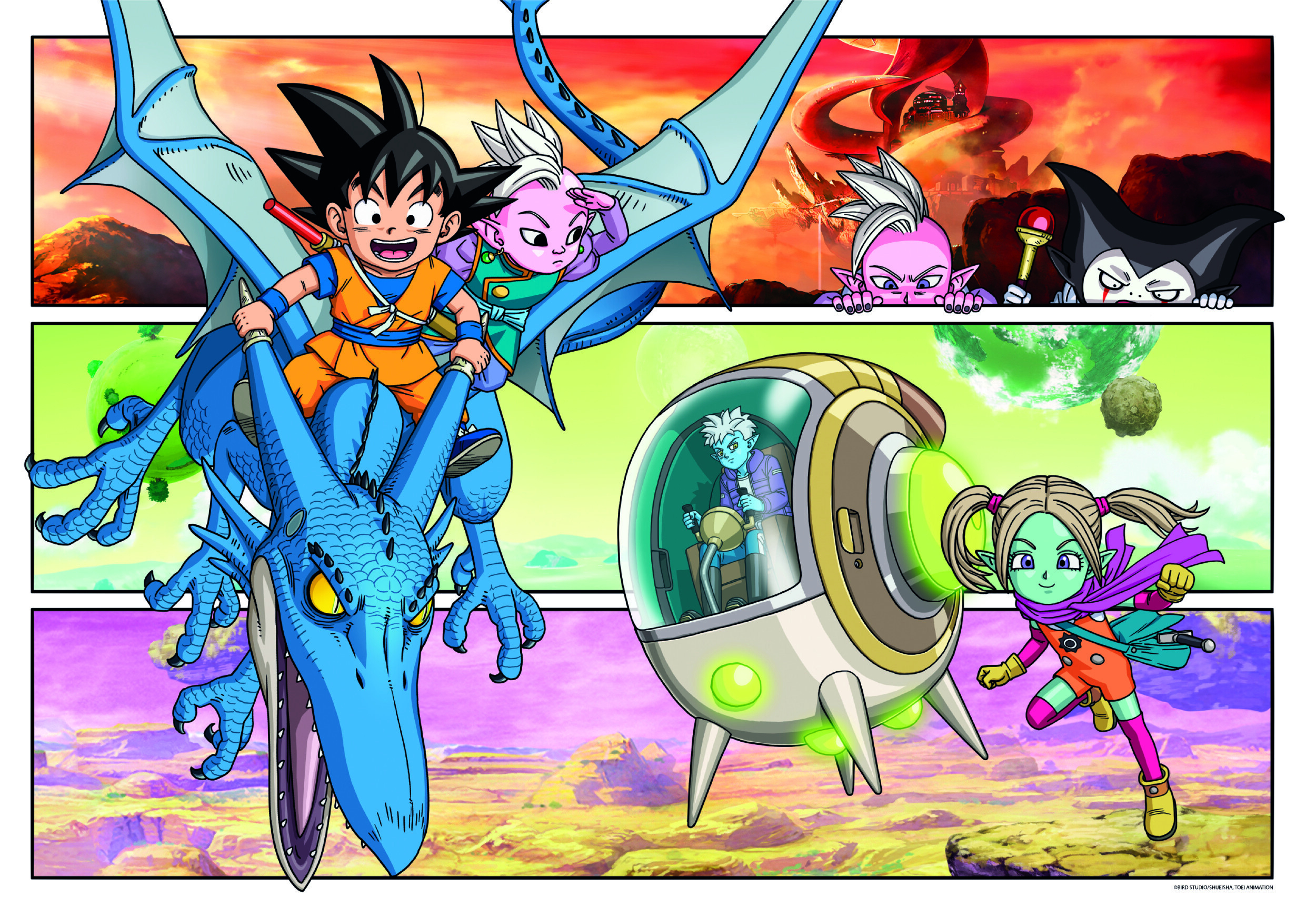 Scène d'anime avec des personnages chevauchant un dragon. D'autres personnages regardent. Couleurs vives et action dynamique.