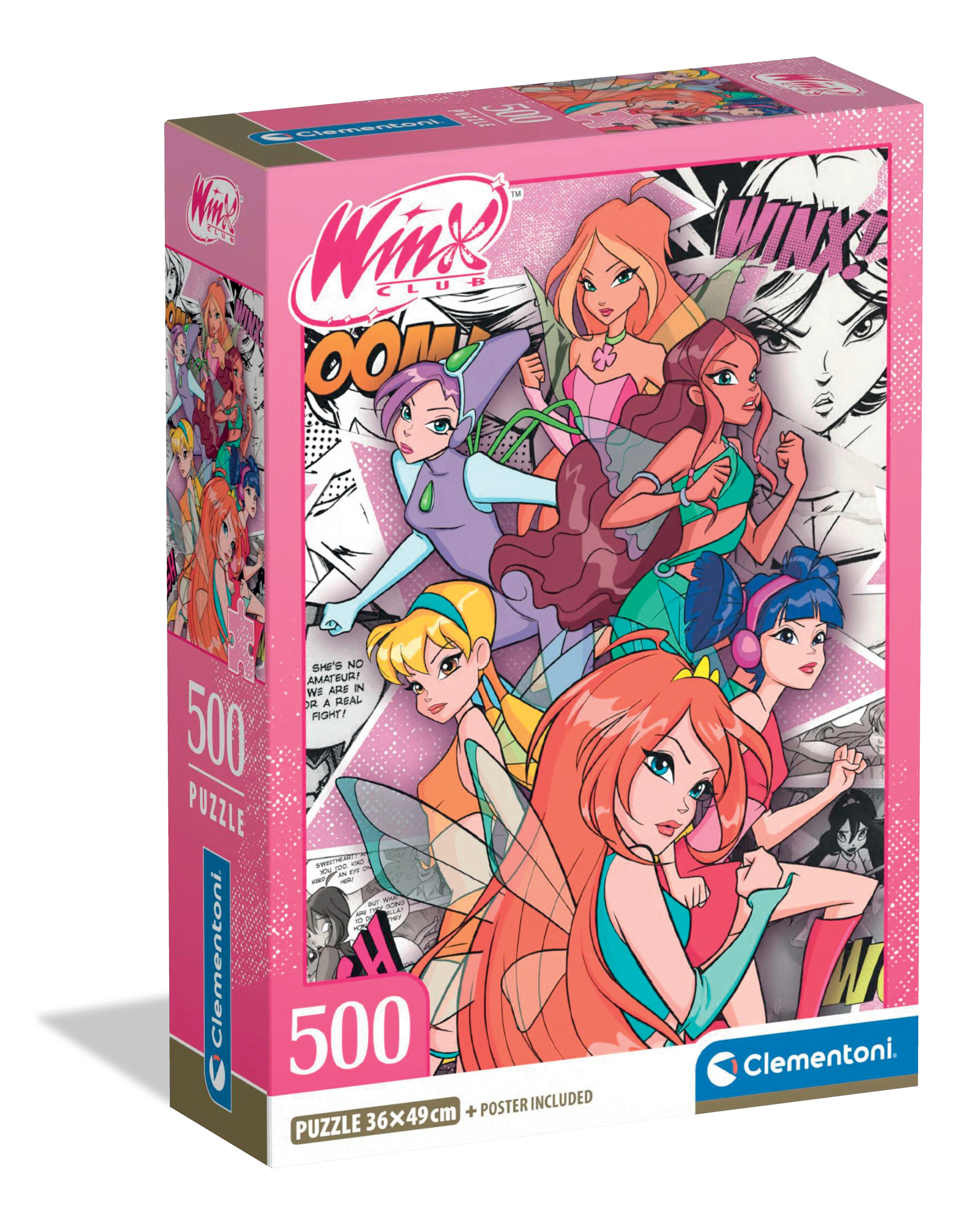 Pudełko z puzzlami z postaciami z Winx Club. Różowe pudełko z wieloma postaciami z kreskówek. Tekst zawiera 'Winx Club' i '500 Puzzle'.