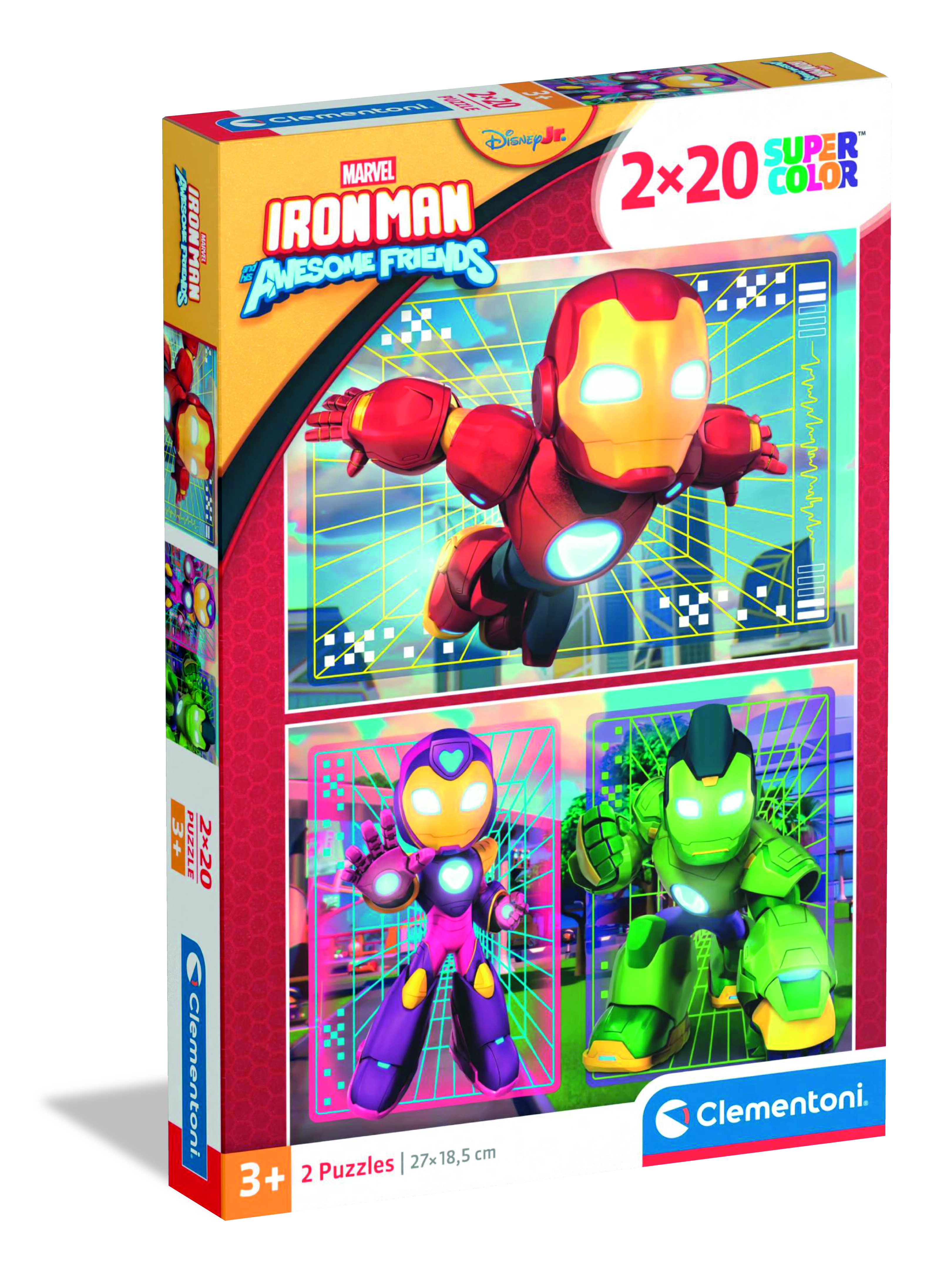 Een puzzelbox met Iron Man en vrienden. De doos is rood, met afbeeldingen van de karakters en het merklogo.