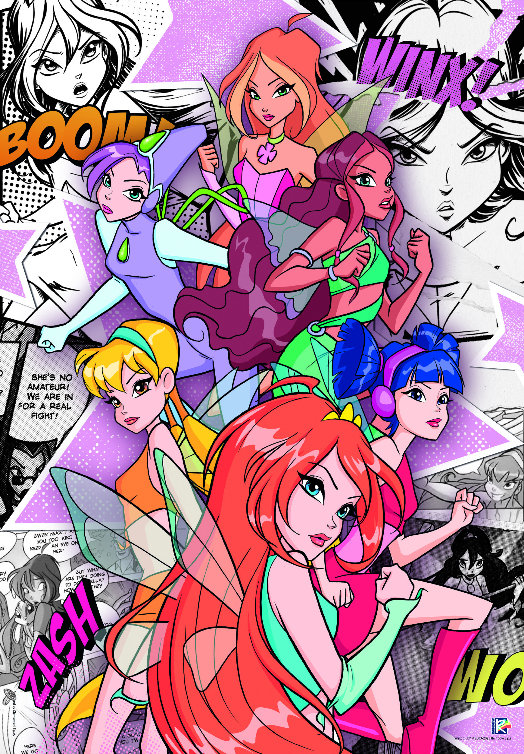 Ilustracja Winx Club z sześcioma wróżkami. Styl komiksowy z dymkami i dynamicznymi pozami. Odważne kolory i mocne linie.