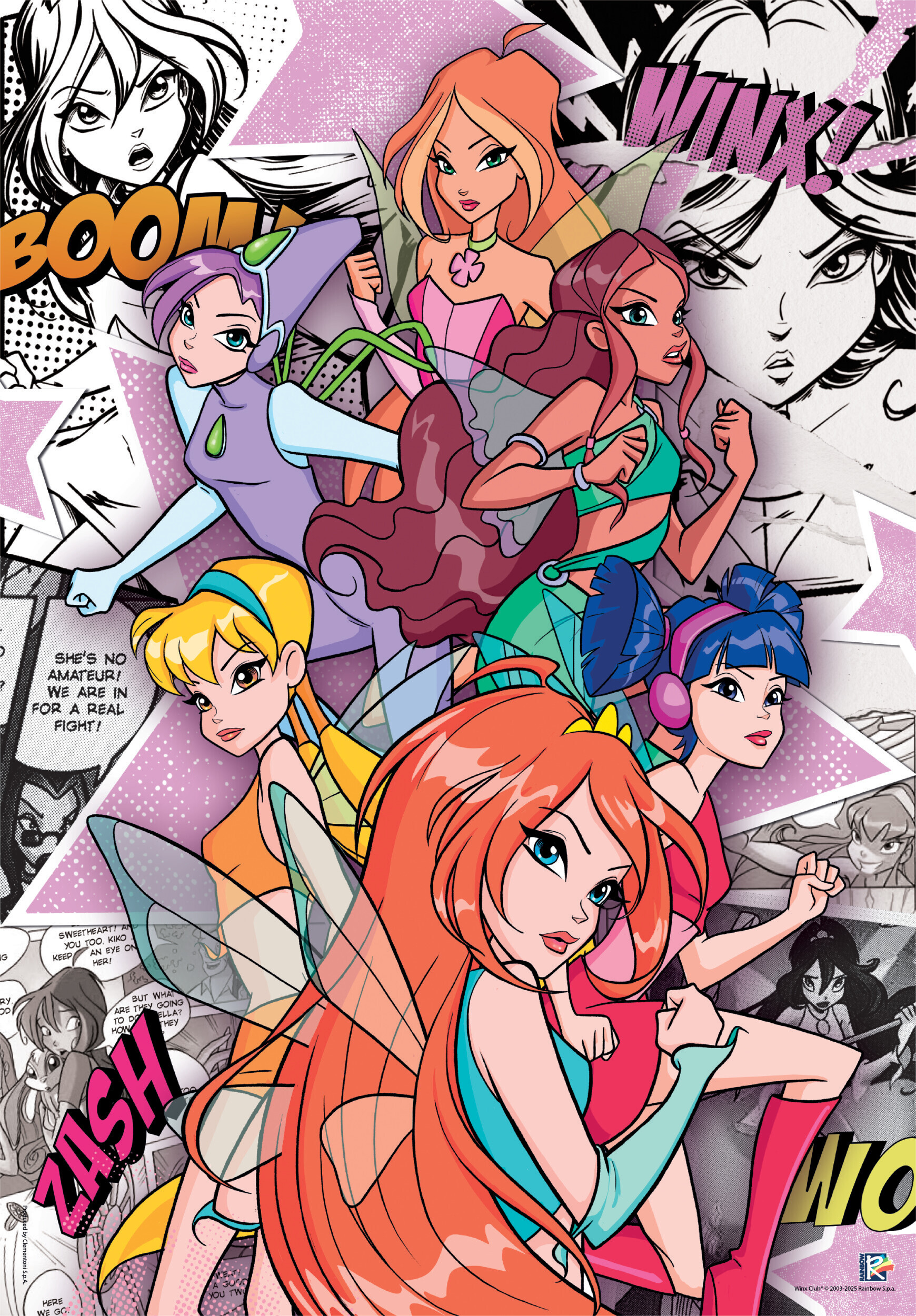 Postacie z kreskówek Winx Club w pozach akcji. Tło zawiera panele komiksowe i dymki.
