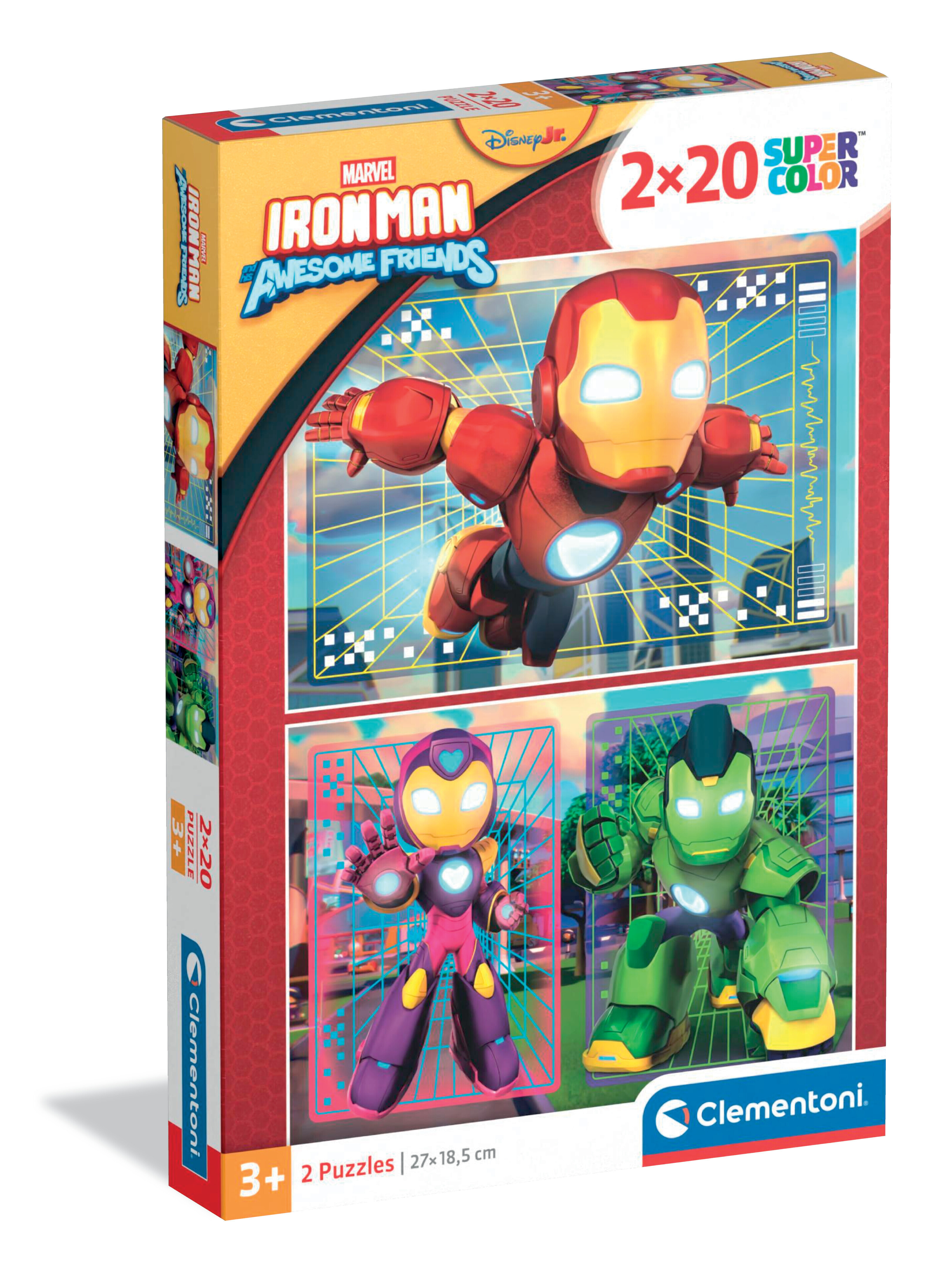 Puzzelbox met Iron Man en vrienden. Rode, gele, roze en groene personages. Cartoonstijl, met stadsachtergrond.