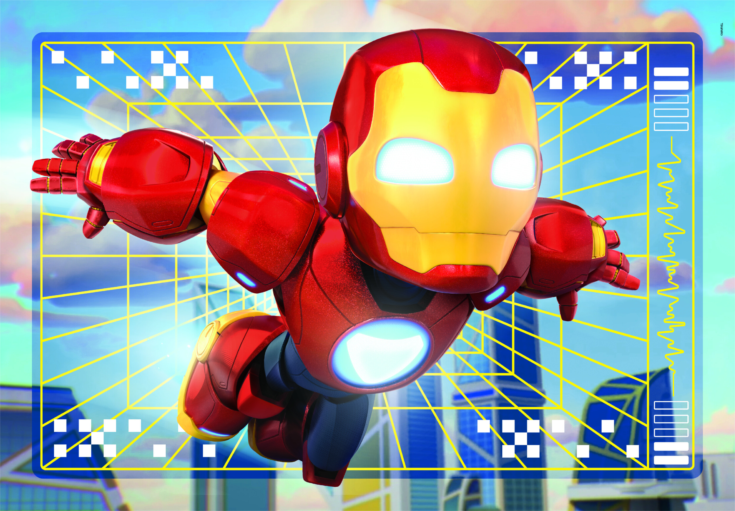Iron Man vliegt. Rood en geel pak, blauwe lichten, tegen een raster met stad op de achtergrond.