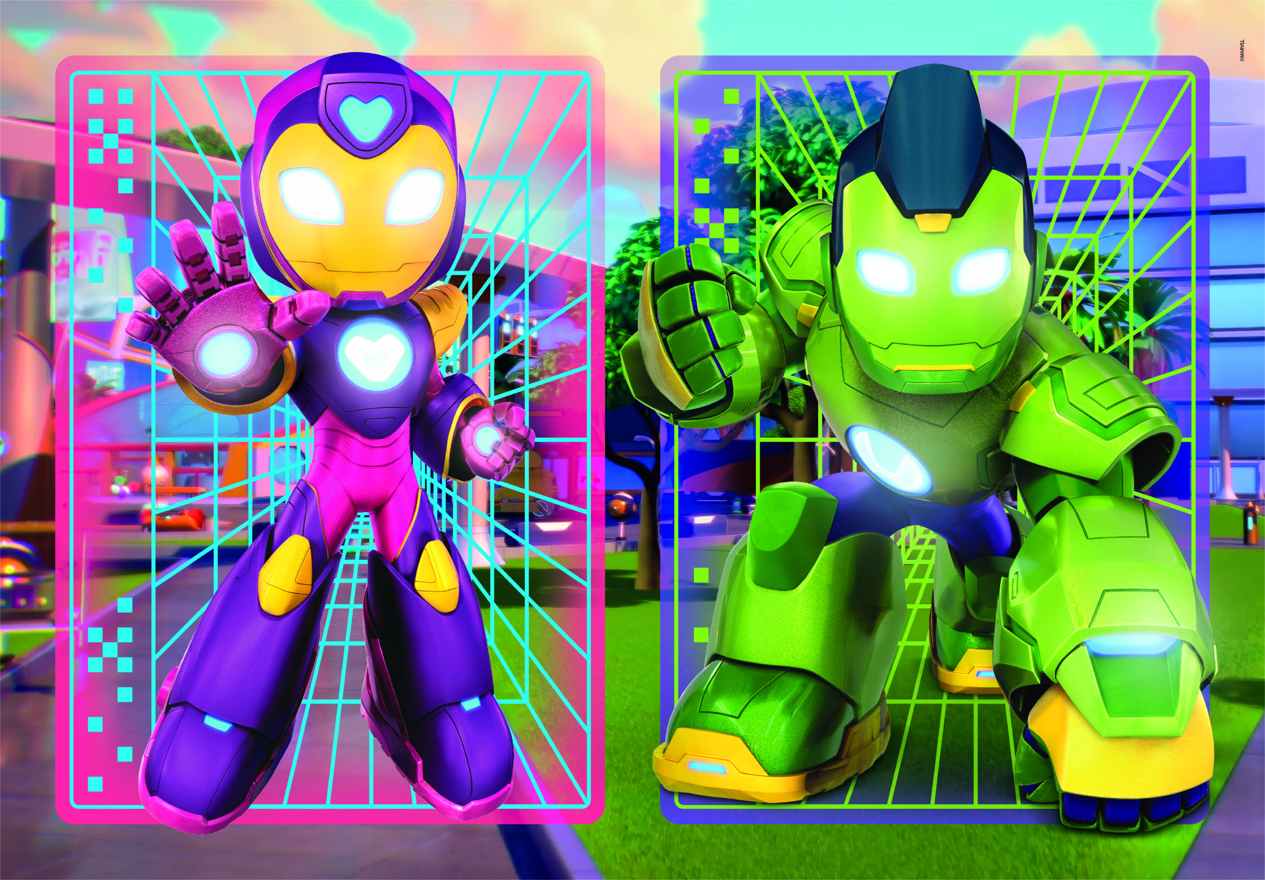 Twee robotfiguren in frames. Eén is paars en roze, de andere groen. Beide hebben gloeiende ogen. Achtergrond met bomen.