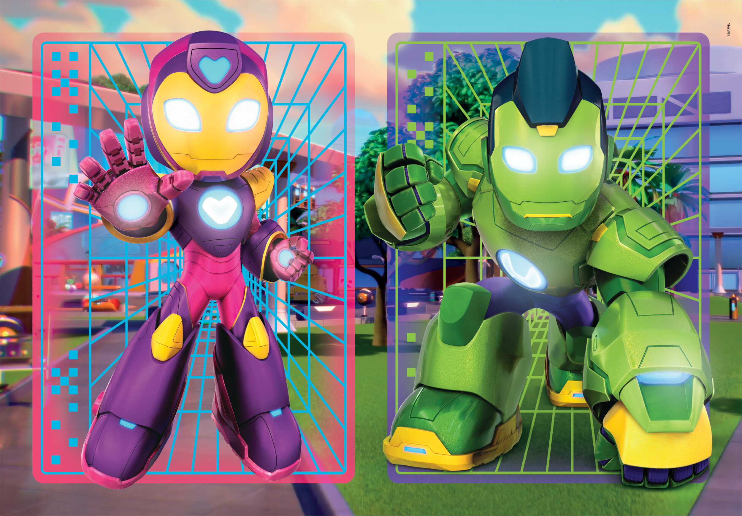 Twee robotfiguren, een roze en paarse, de andere groene, staan voor gebouwen. Beide hebben oplichtende ogen en borstlichten.