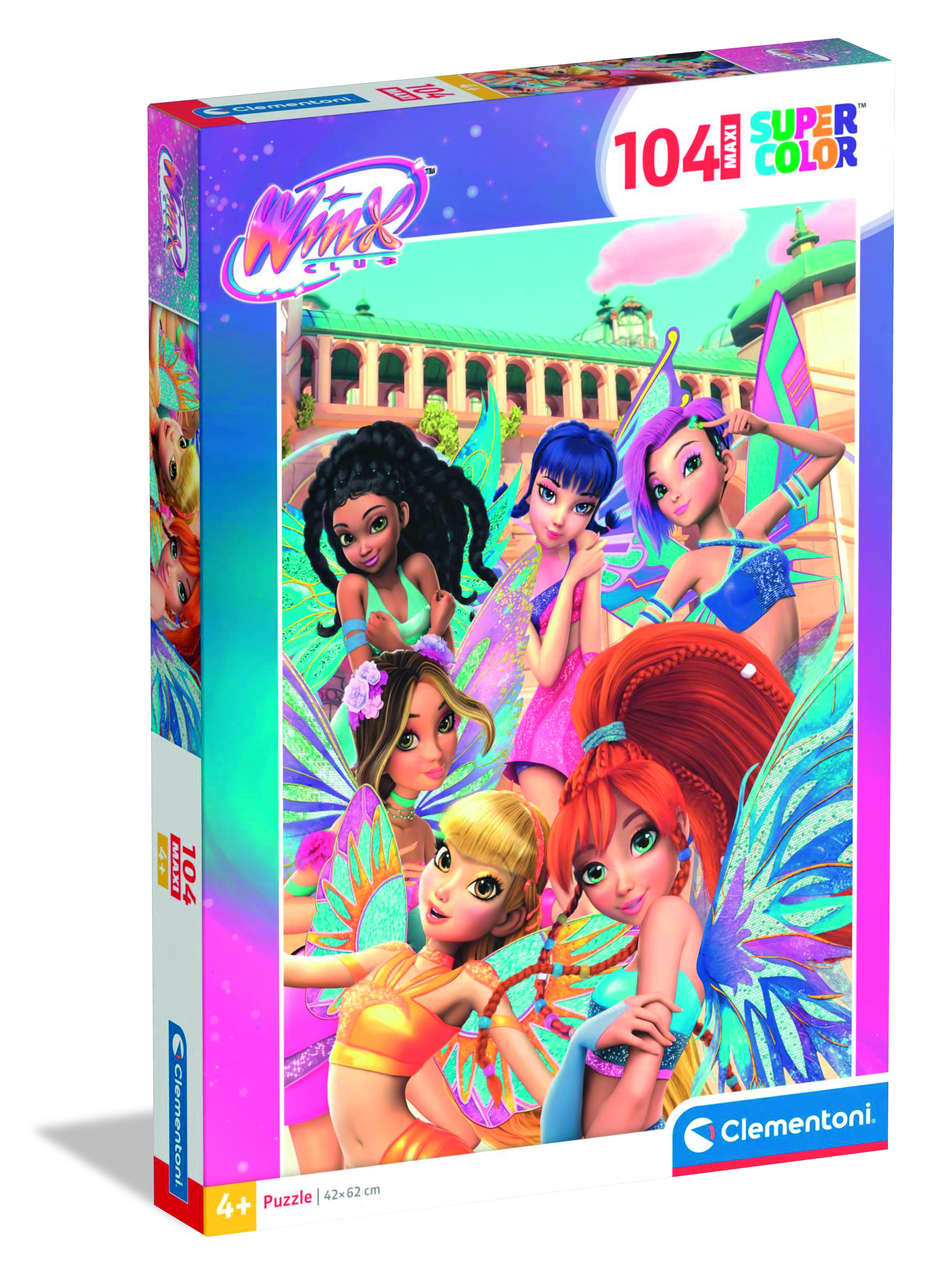 Boîte de puzzle avec des personnages du Winx Club. Elle montre six fées avec des ailes. La boîte porte le numéro 104 et le logo Clementoni.