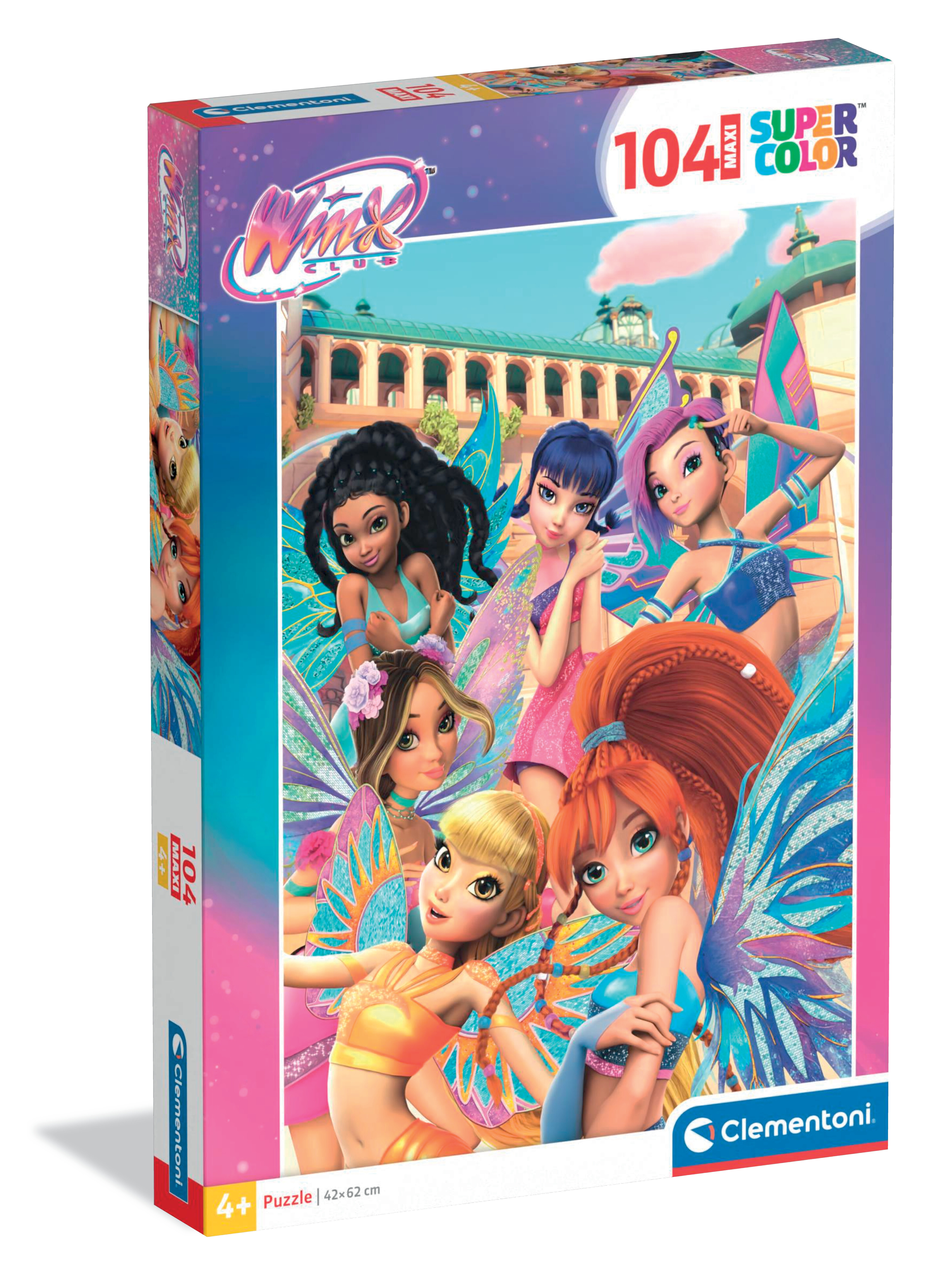 Boîte de puzzle avec six fées animées aux ailes et tenues colorées, sur fond de ciel bleu.