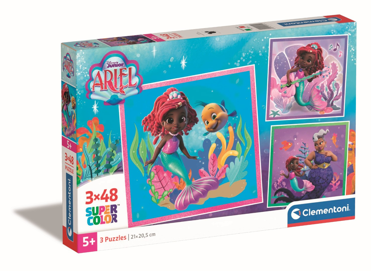 Pudełko z puzzlami Ariel. Pudełko przedstawia Ariel z Florkiem, syreną grającą na gitarze i Urszulą. Pudełko jest niebieskie i ma logo Ariel.