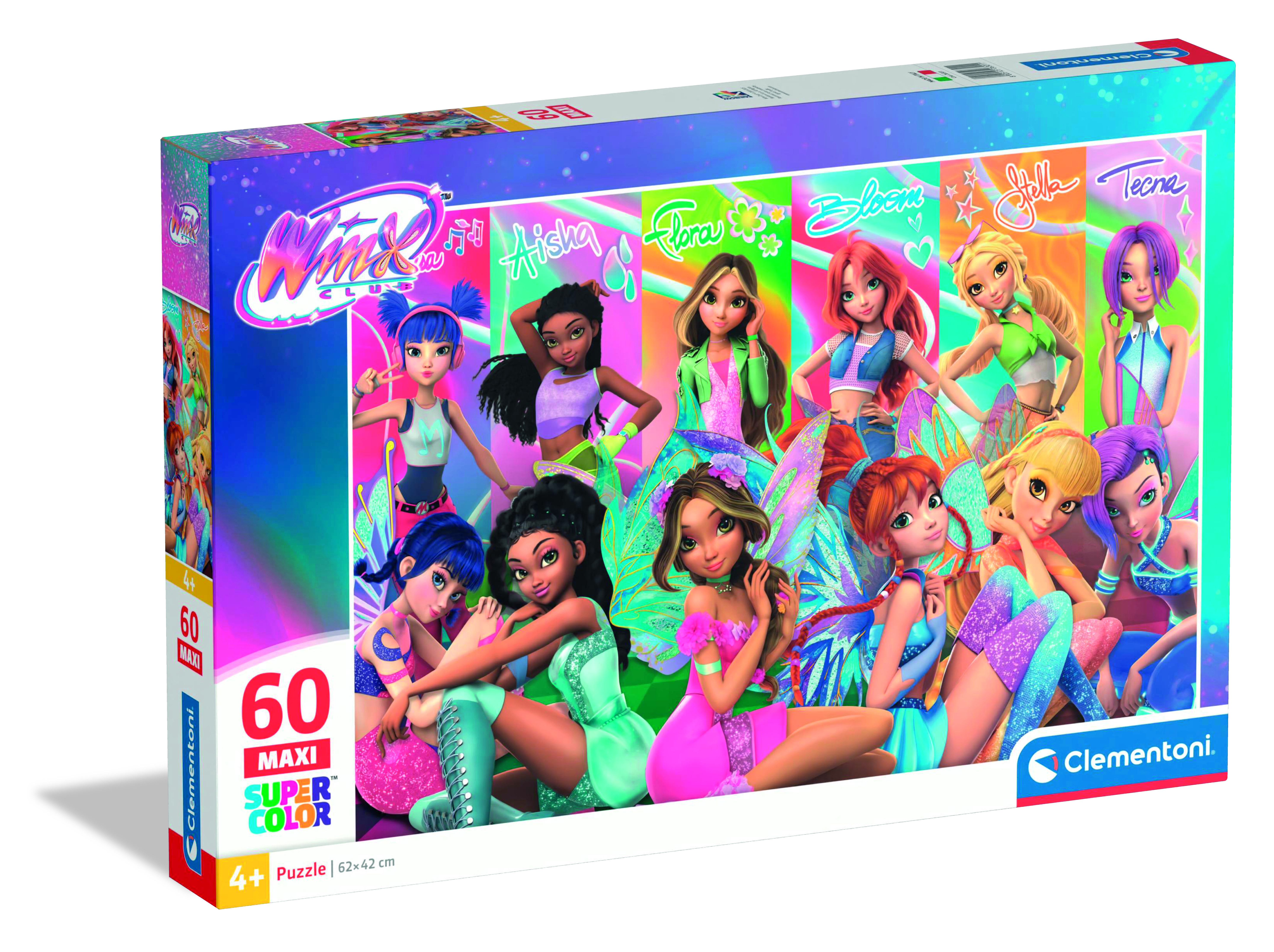 Puzzelbox met Winx Club-personages. Meisjes in kleurrijke outfits worden getoond. De doos zegt '60 Maxi Super Color'.