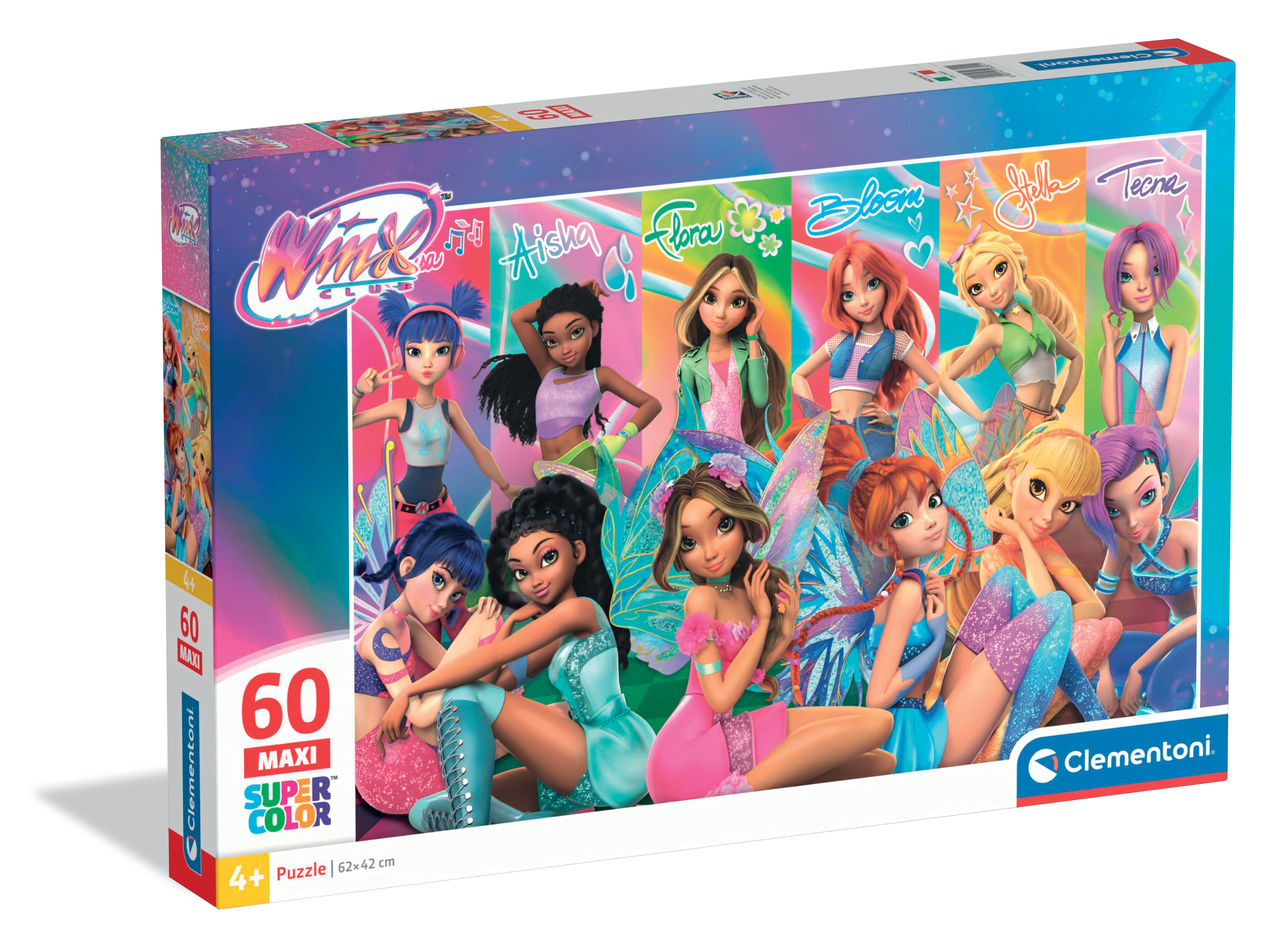 Een puzzelbox met Winx Club-feeën. Het toont de karakters en de puzzeldetails, met het woord 'Clementoni'.