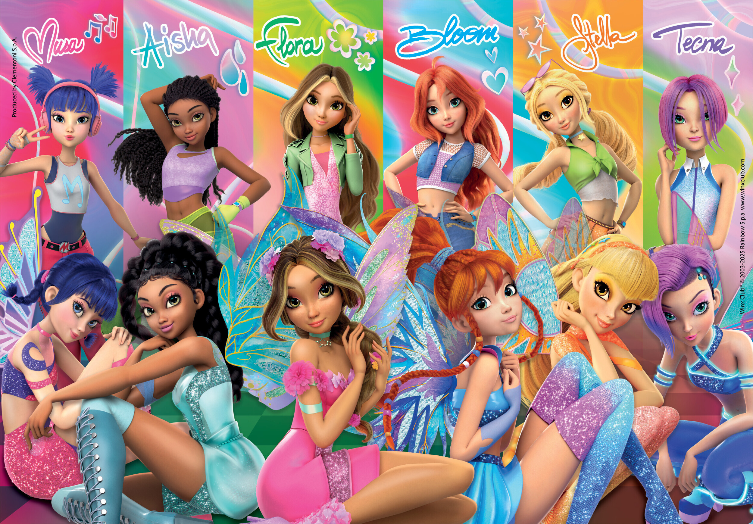 Winx Club-personages Musa, Aisha, Flora, Bloom, Stella en Tecna. Elk heeft een unieke look, poserend voor kleurrijke achtergronden.