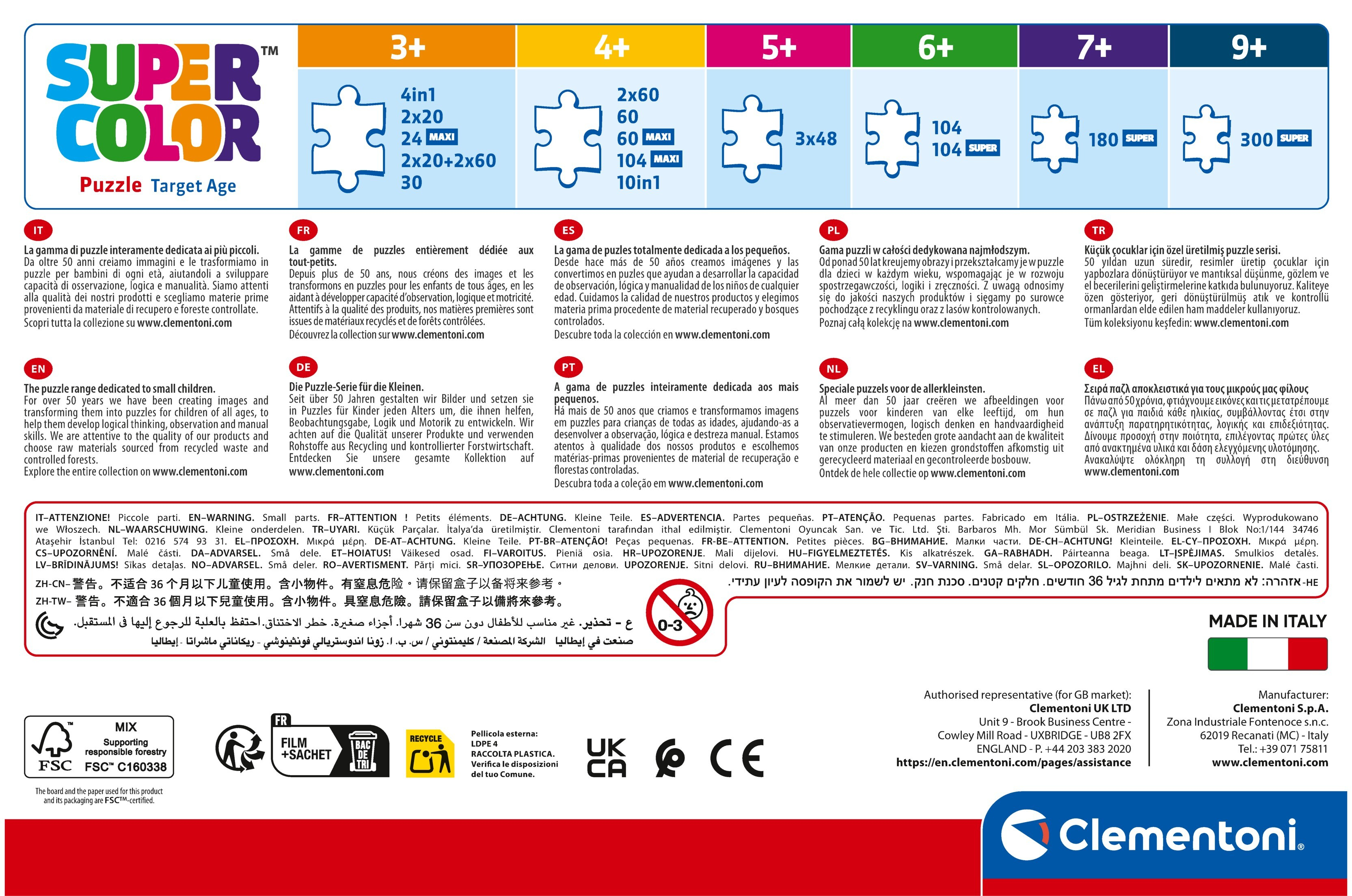 Kolorowe pudełko z puzzlami z tekstem i elementami układanki, pokazano różne przedziały wiekowe.