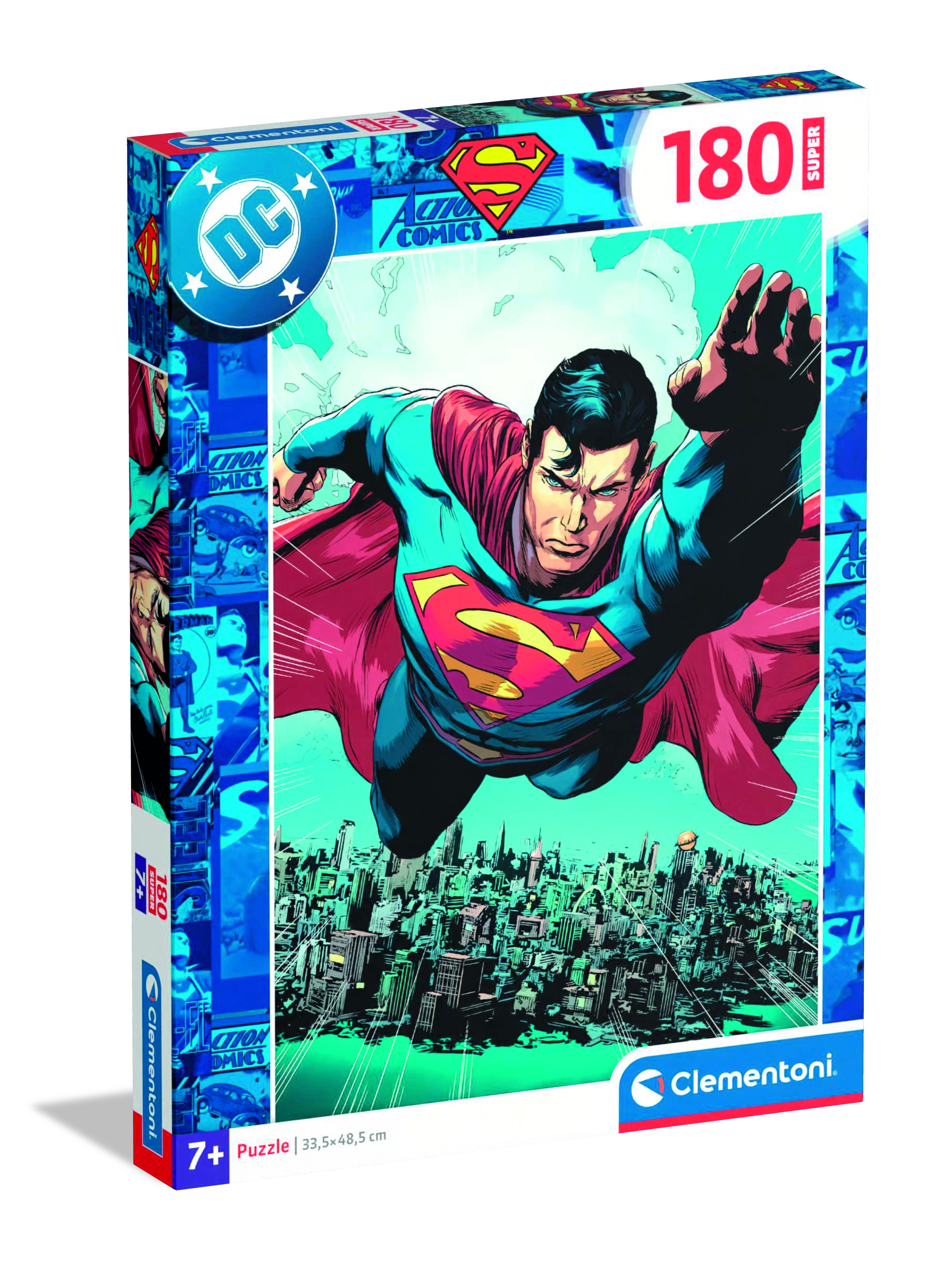 Boîte de puzzle Superman. Superman vole au-dessus d'une ville, portant son costume bleu et sa cape rouge. Le logo DC est sur la boîte.