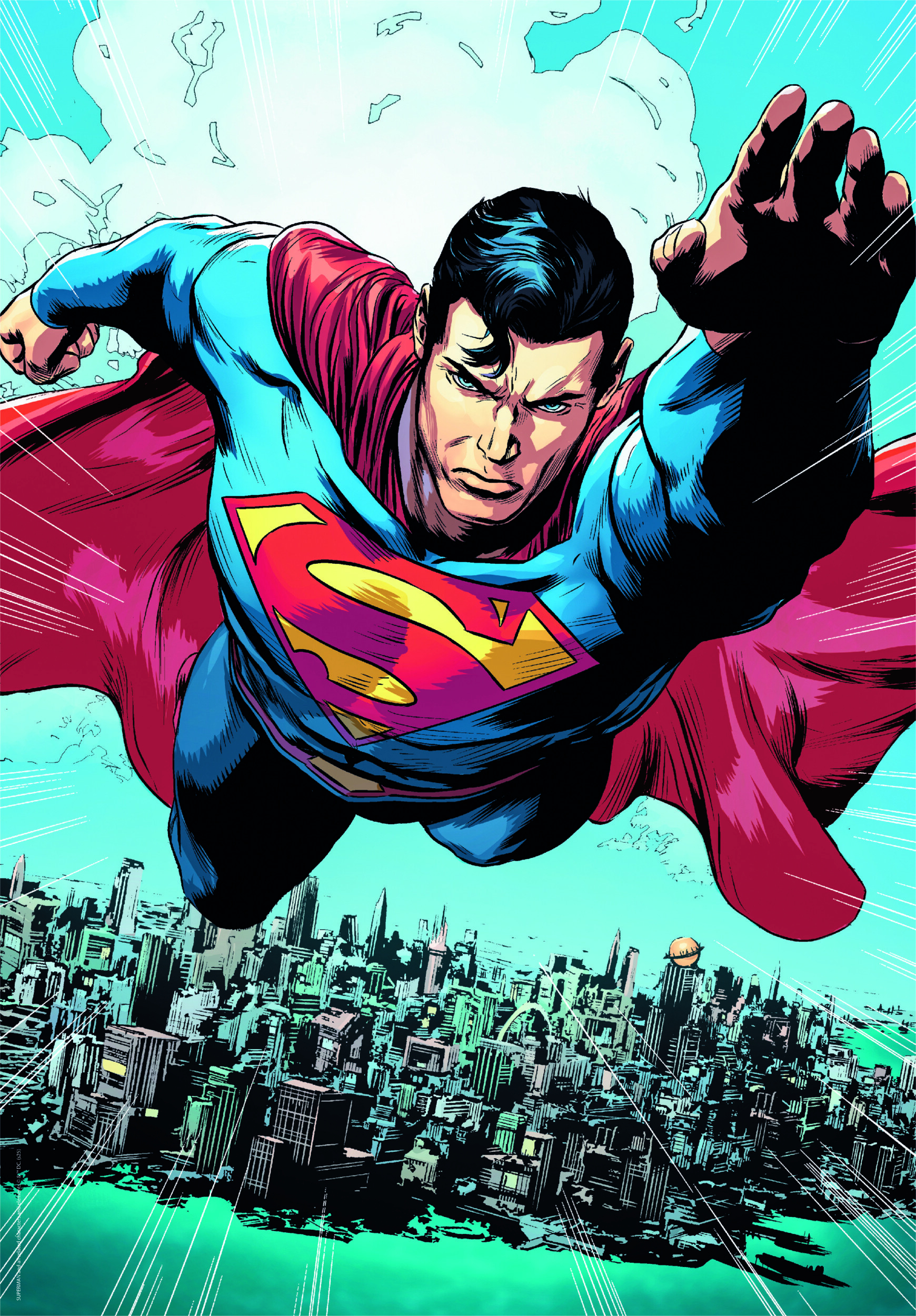 Superman vole vers le spectateur, au-dessus d'une ville. Il porte un costume bleu, une cape rouge et le logo Superman.