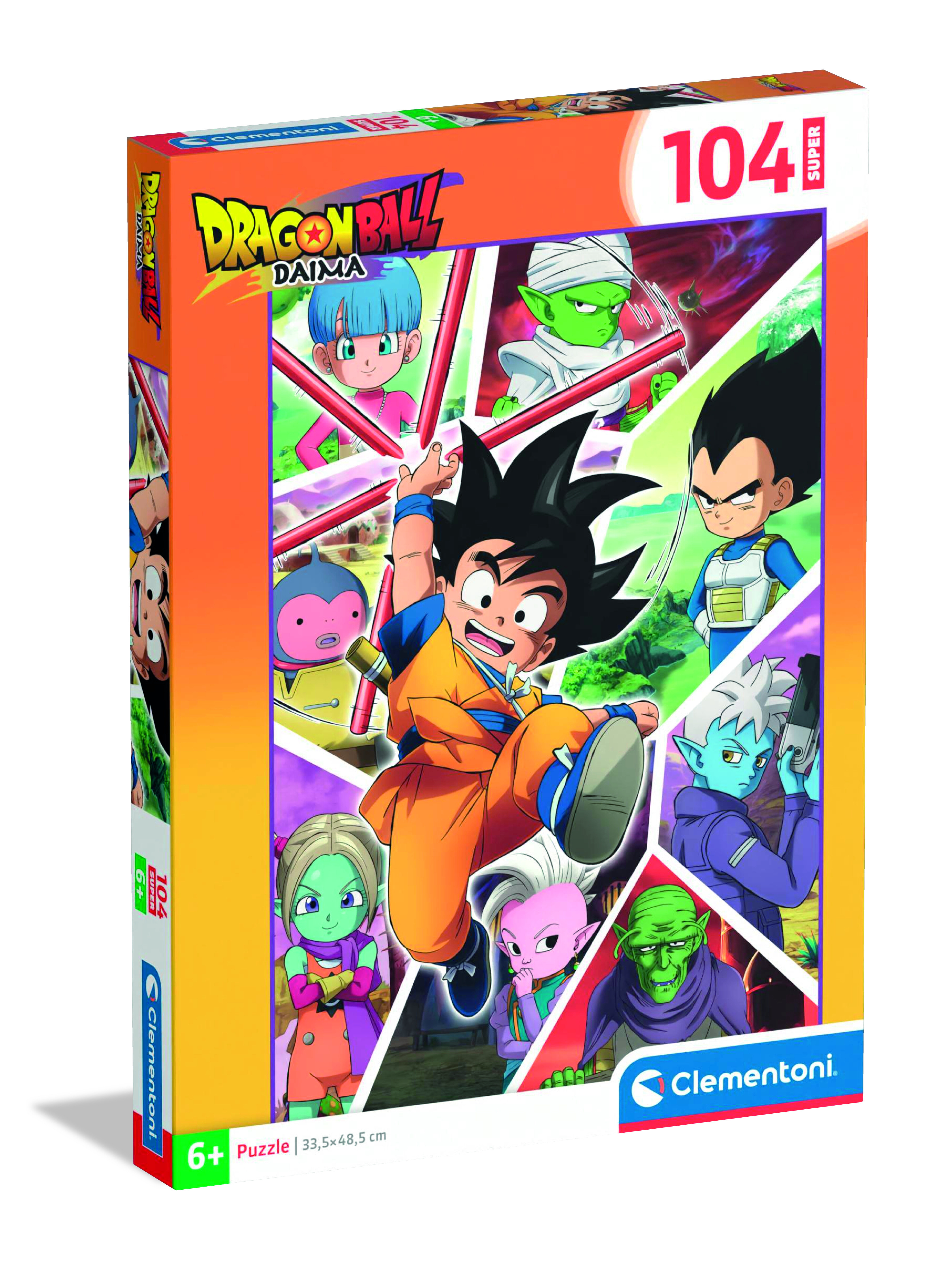 Boîte de puzzle, Dragon Ball Daima, avec divers personnages en poses d'action. Les personnages incluent Goku et Vegeta.