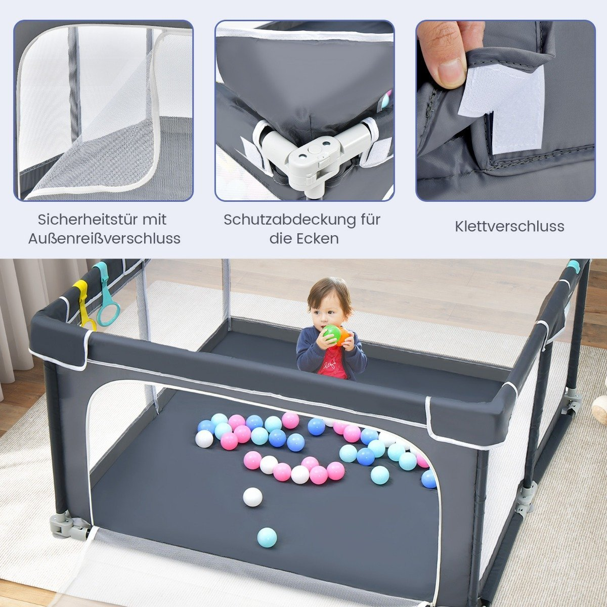 Een baby in een speelbox met kleurrijke ballen. De box is grijs met gaas. Details tonen rits, hoesje en klittenband.