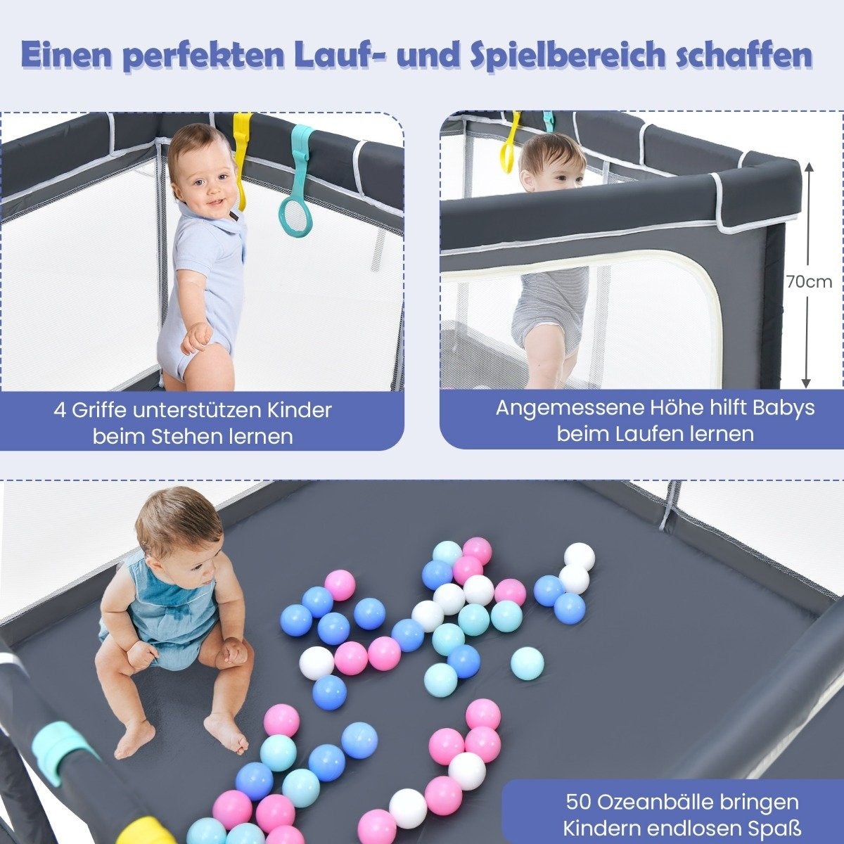 De afbeelding toont een box met baby's erin. Er zijn kleurrijke ballen en de tekst promoot een perfecte speelruimte.