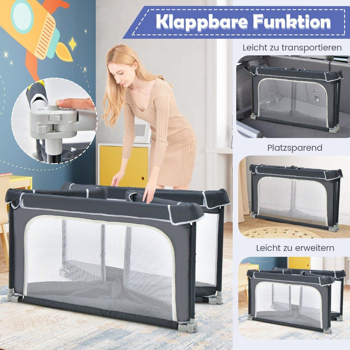 Een vrouw vouwt een grijze babybox op. De afbeelding toont de box, een vrouw en verschillende functies zoals transporteerbaarheid.