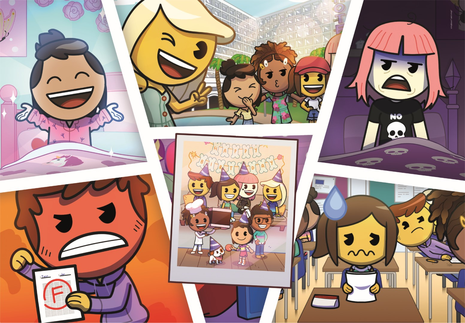 Paneles de cómic que representan varias escenas: despertar feliz, grupo de amigos, chica molesta en la cama, una foto de cumpleaños y un estudiante en clase.